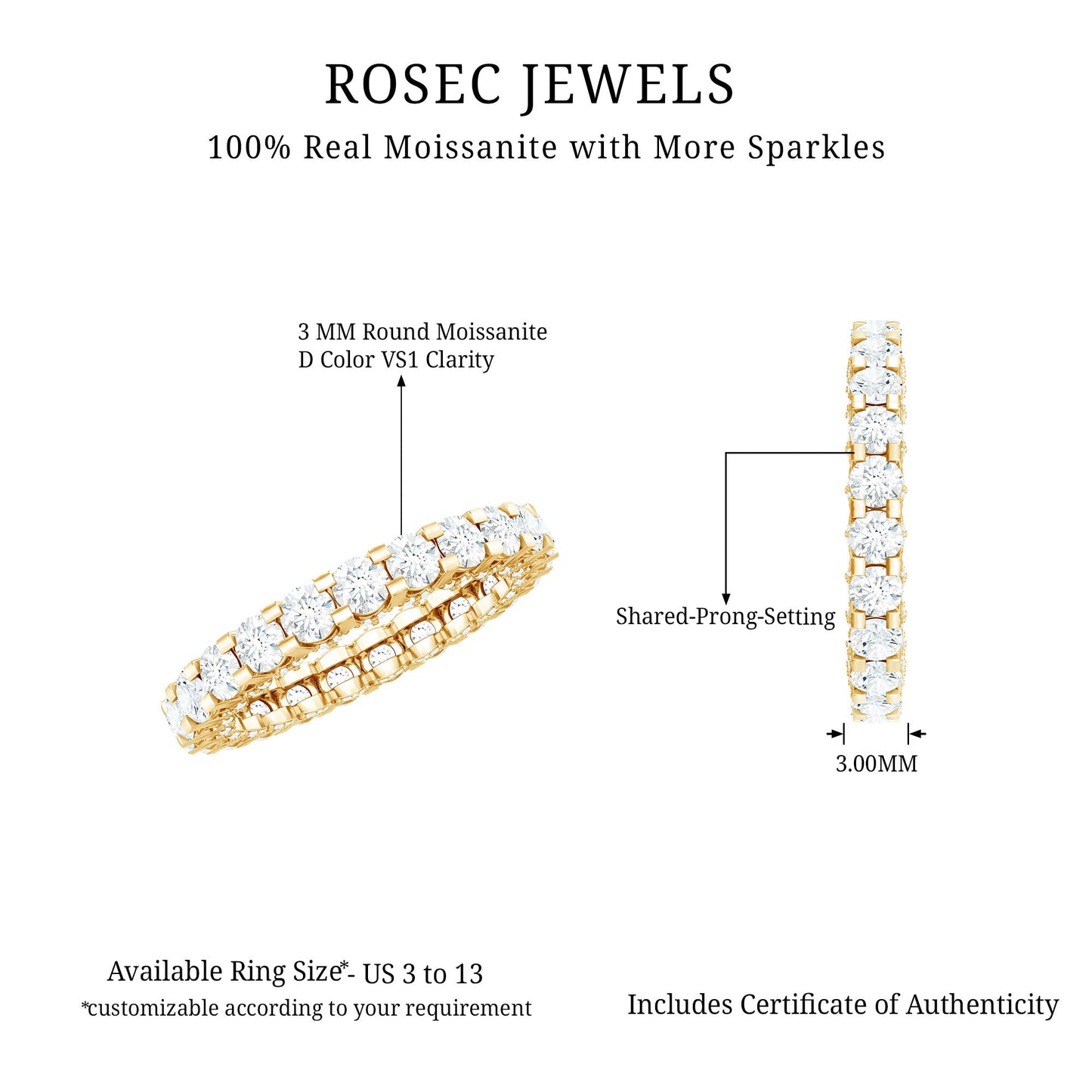 Certified Moissanite Eternity Band Ring in Shared Prong Set