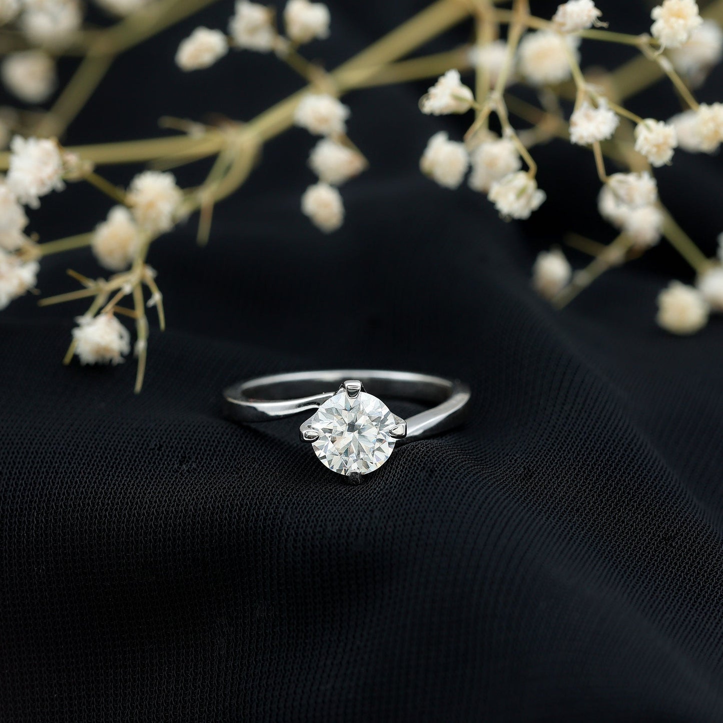 Certified Moissanite Solitaire Engagement Ring in Bypass Shank