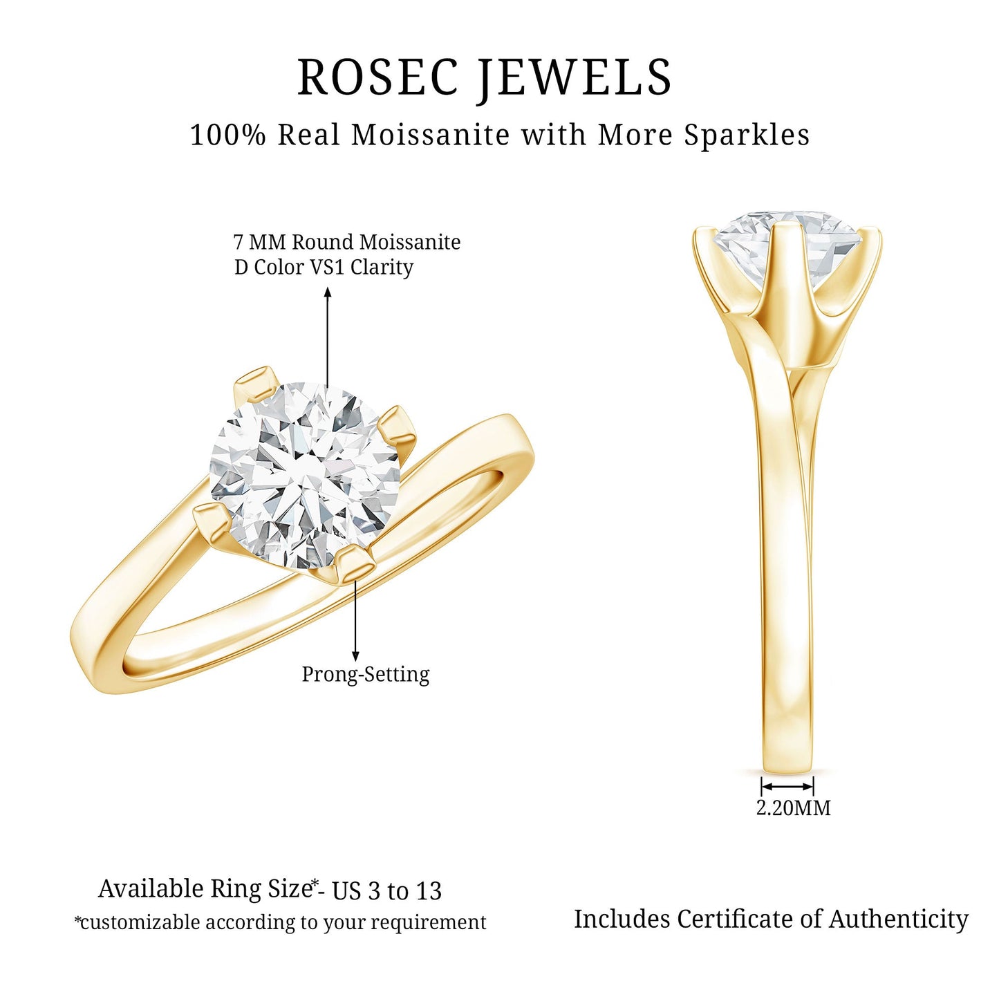 Certified Moissanite Solitaire Engagement Ring in Bypass Shank