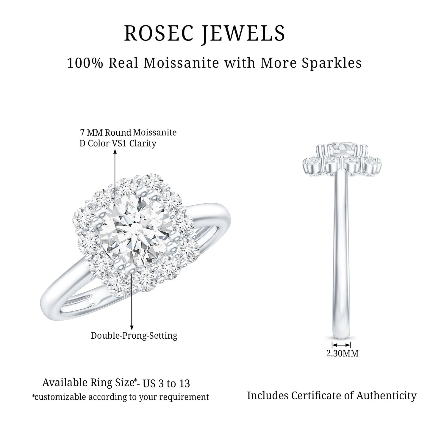 Classic Moissanite Halo Engagement Ring in Double Prong Setting