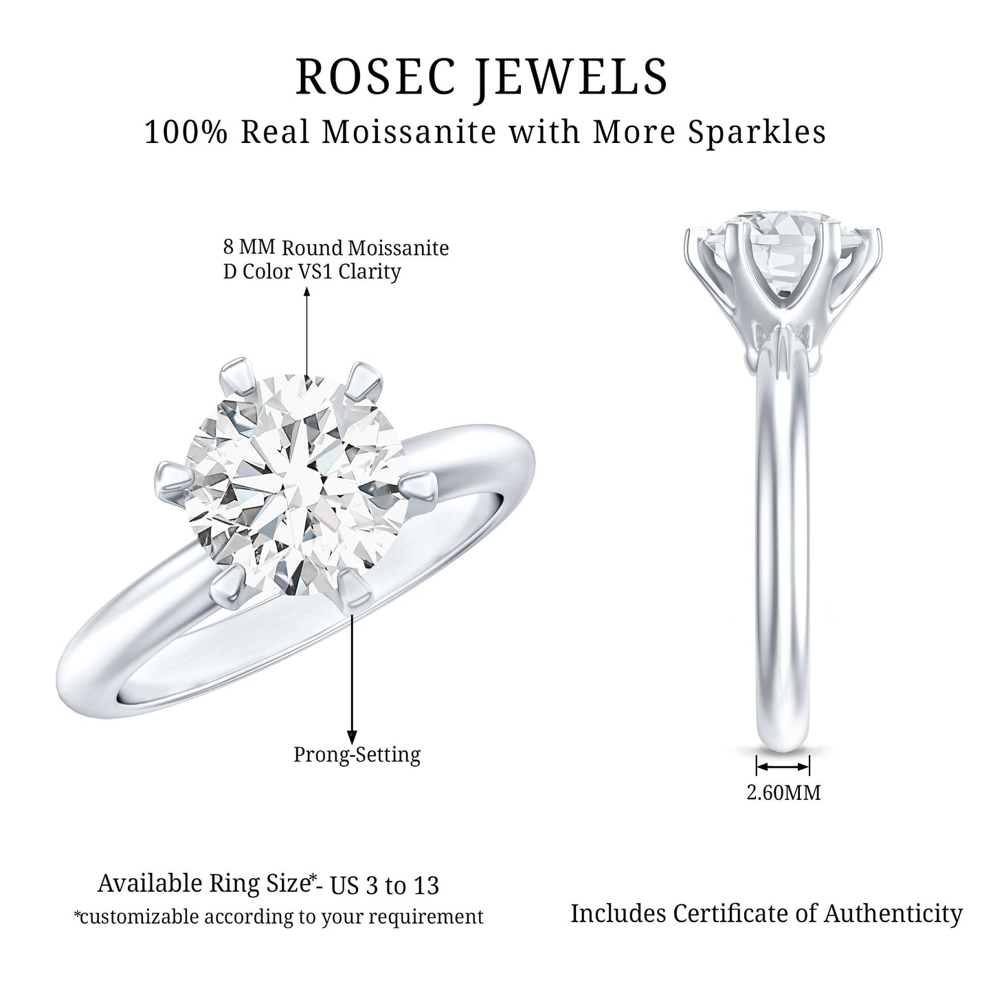 2 CT Moissanite Solitaire Engagement Ring in 6 Prongs