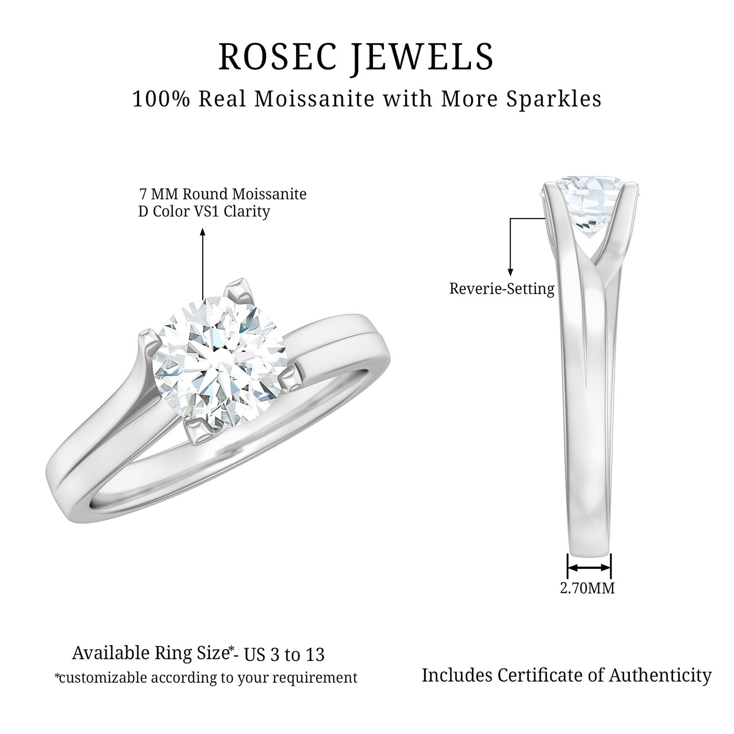 1.3 Carat Round Moissanite Solitaire Engagement Ring in Reverie Setting