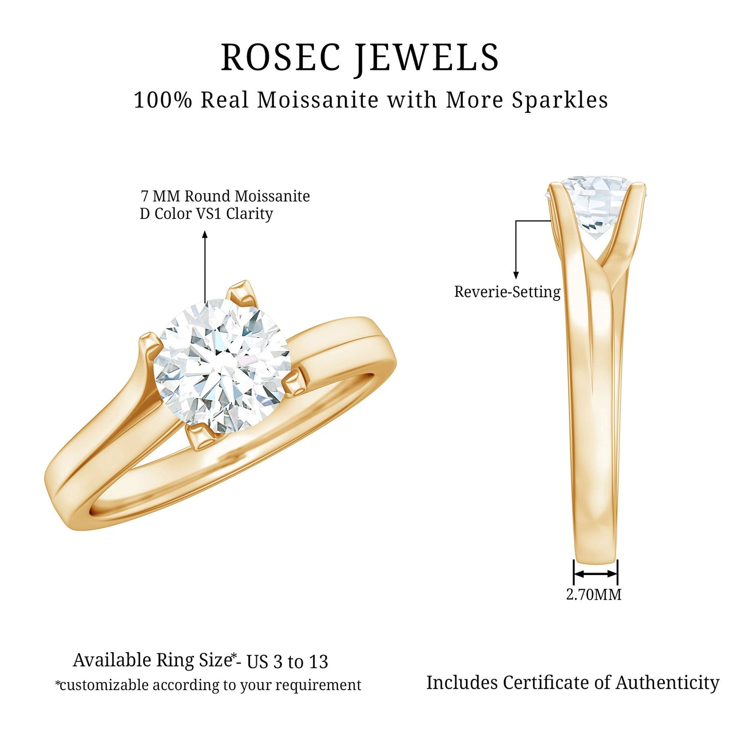 1.3 Carat Round Moissanite Solitaire Engagement Ring in Reverie Setting