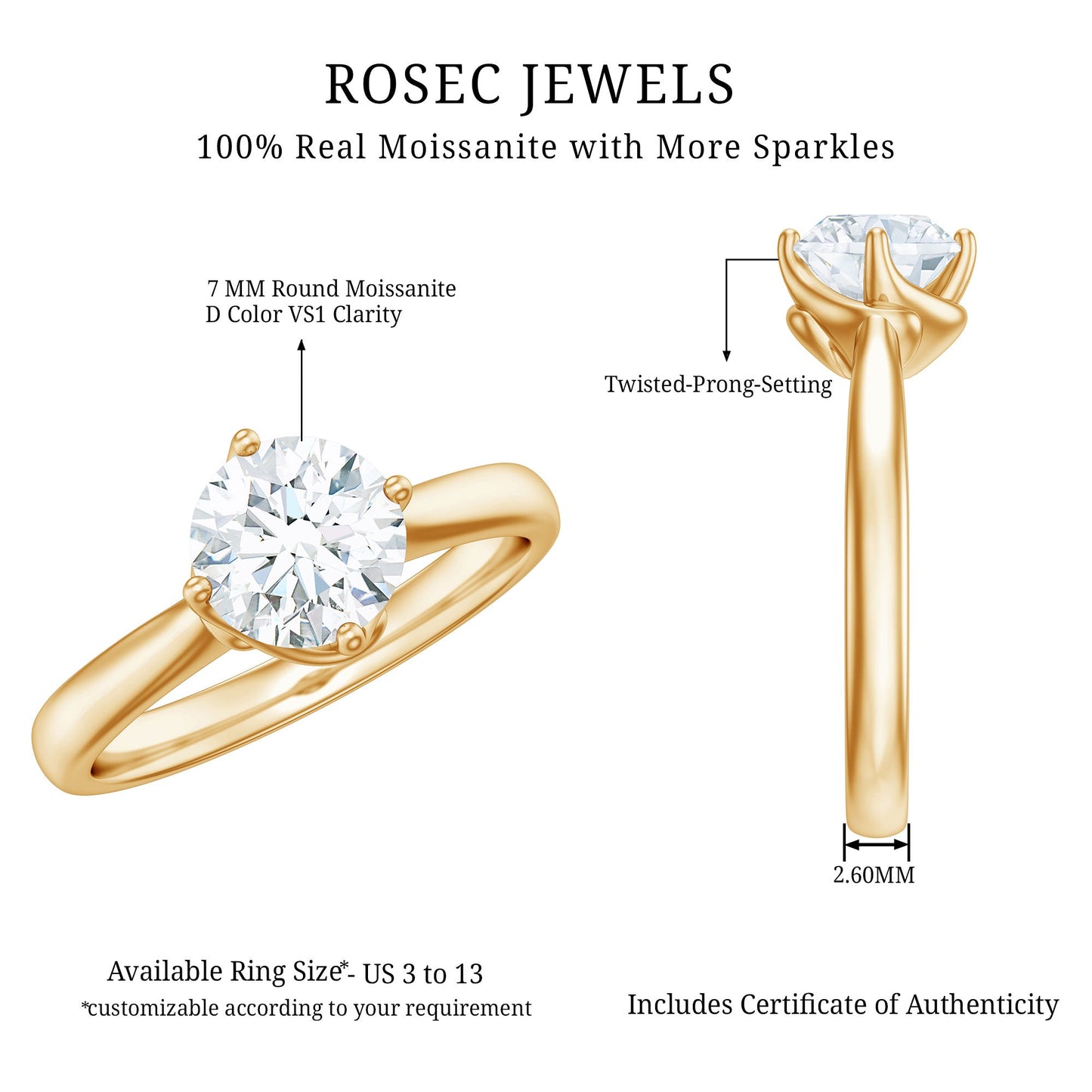 Twisted Prong Set Solitaire Moissanite Engagement Ring with Certificate