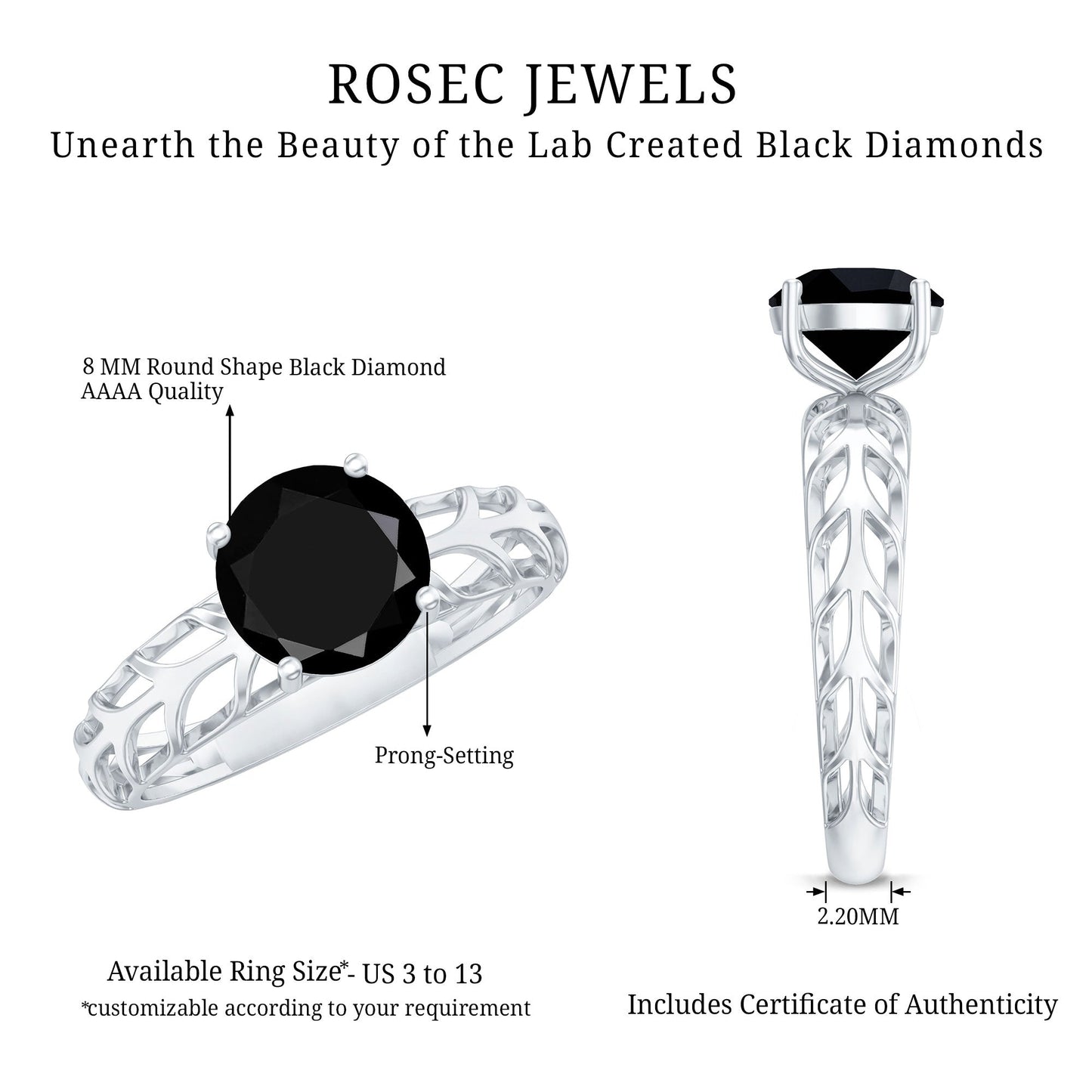 2 Carat Round Lab Grown Black Diamond Solitaire Engagement Ring