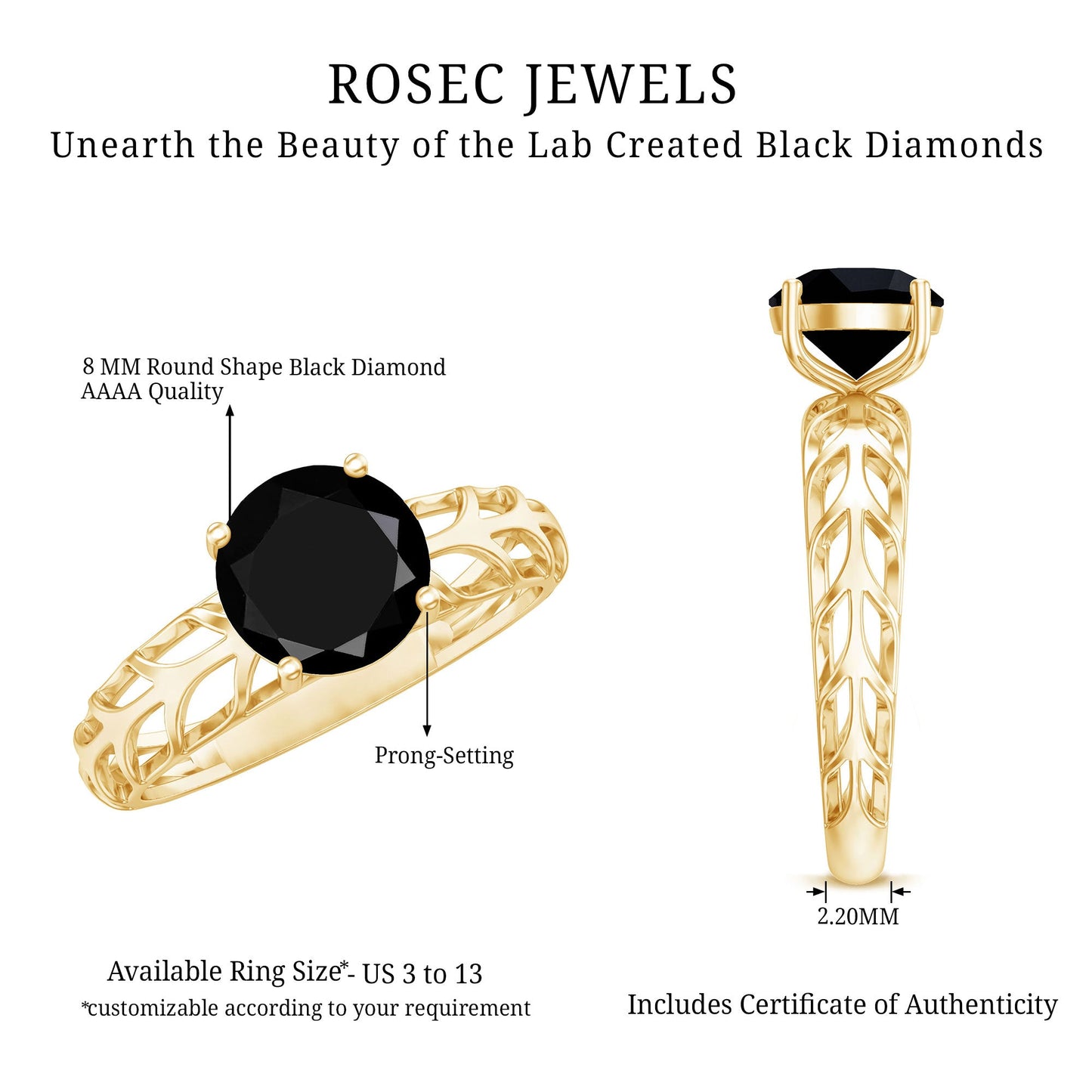 2 Carat Round Lab Grown Black Diamond Solitaire Engagement Ring
