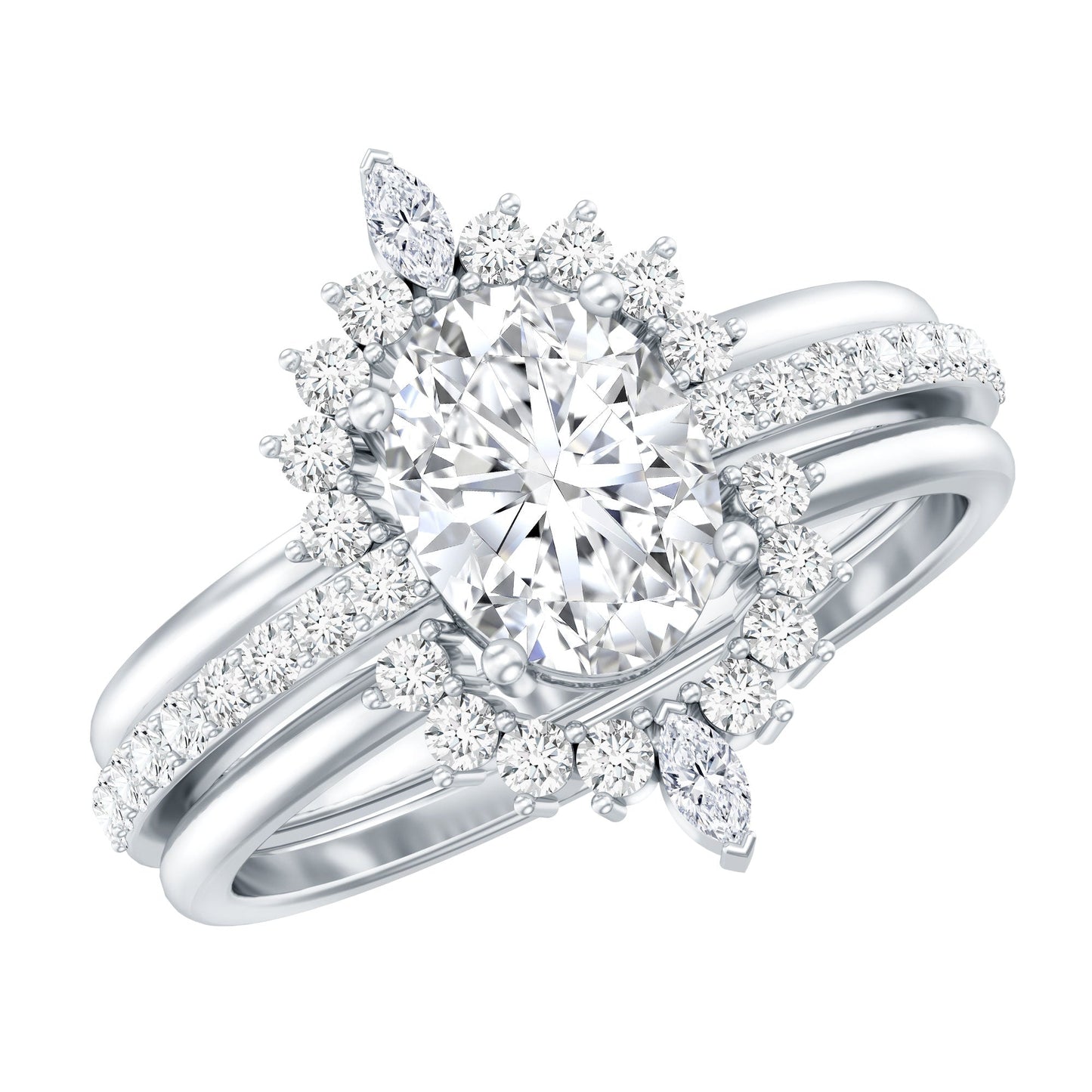 Certified Moissanite Oval Engagement Ring Set With Wedding Bands