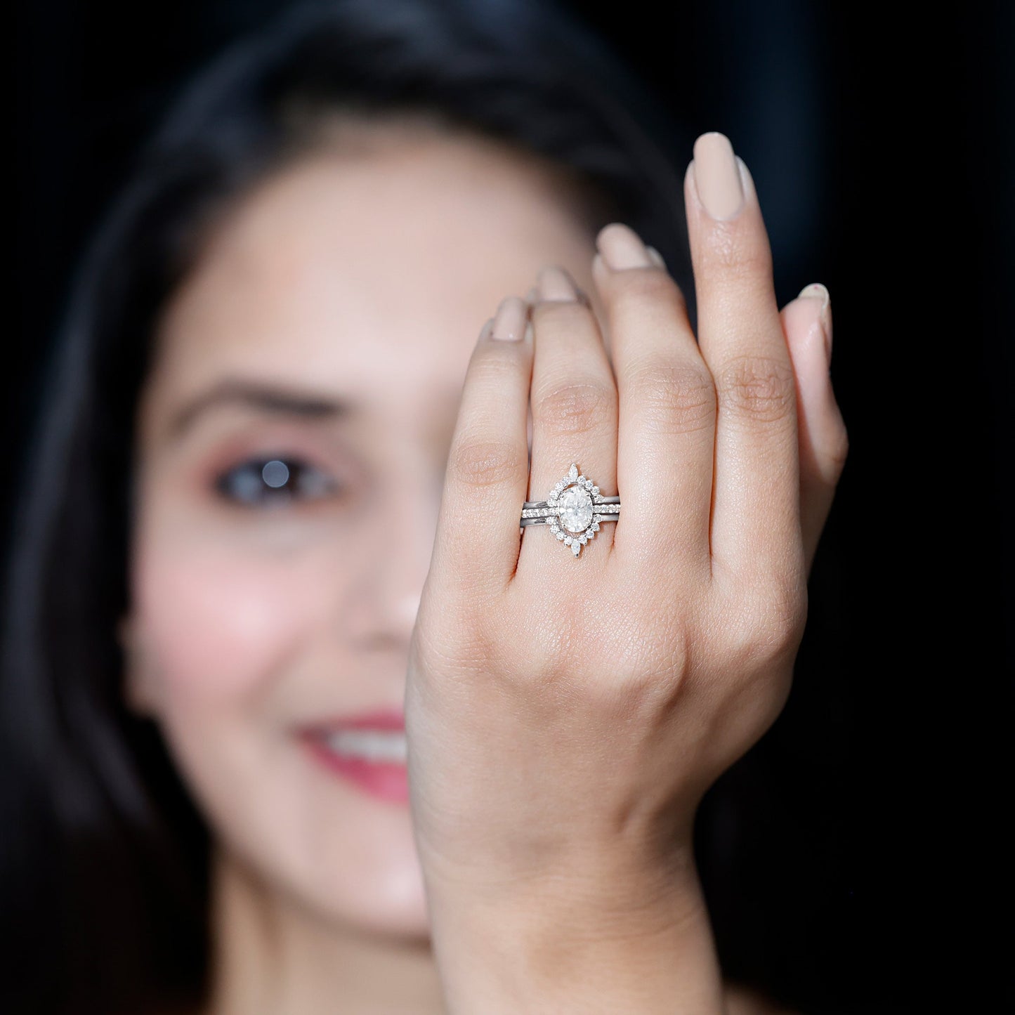 Certified Moissanite Oval Engagement Ring Set With Wedding Bands