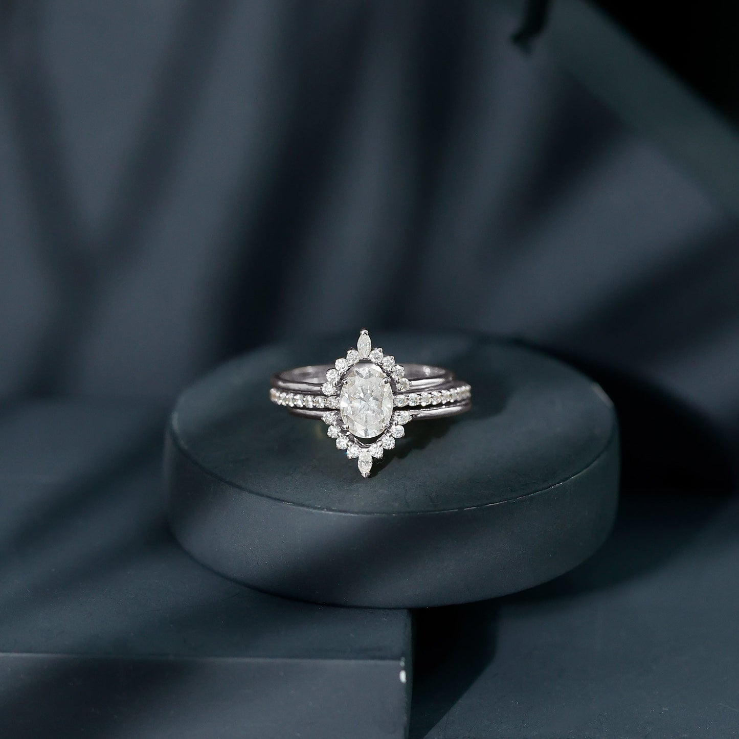 Certified Moissanite Oval Engagement Ring Set With Wedding Bands