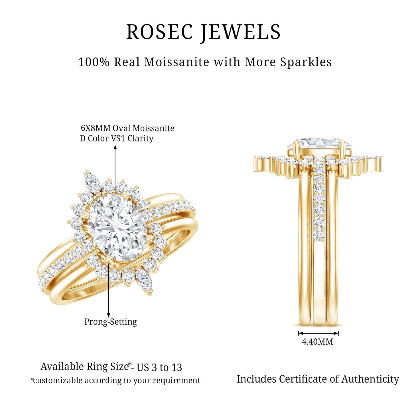 Certified Moissanite Oval Engagement Ring Set With Wedding Bands