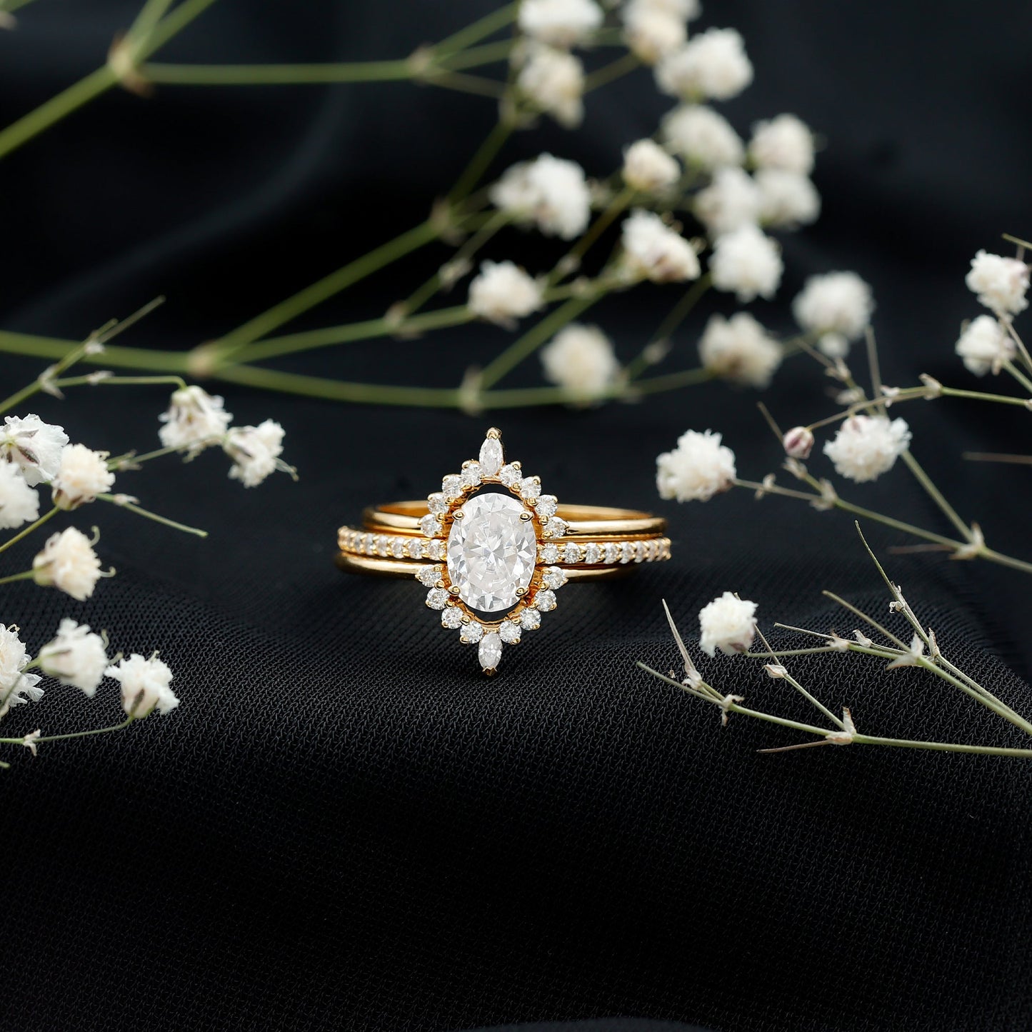 Certified Moissanite Oval Engagement Ring Set With Wedding Bands