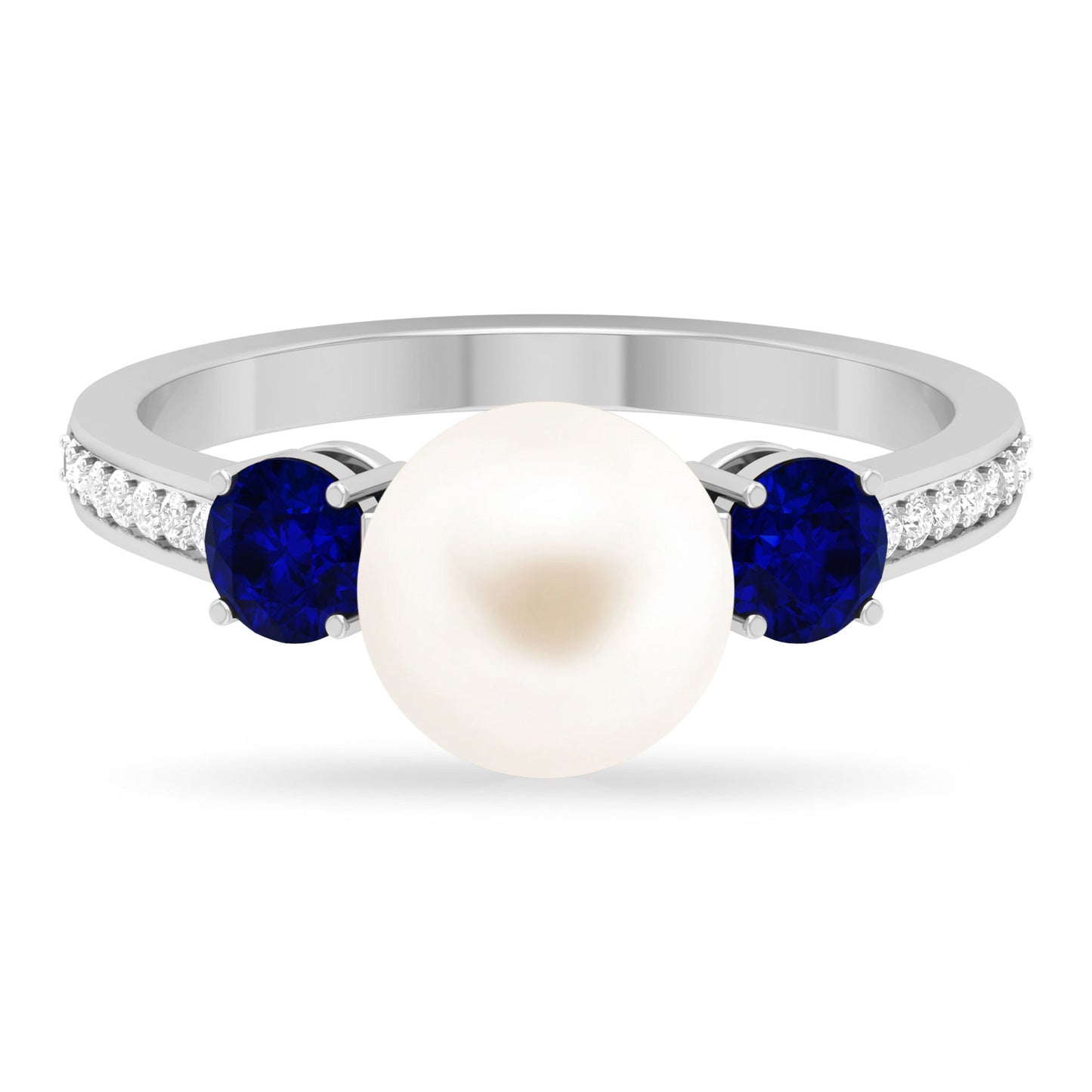 7.4 Carat White Pearl and Sapphire 3 Stone Engagement Ring with Diamond