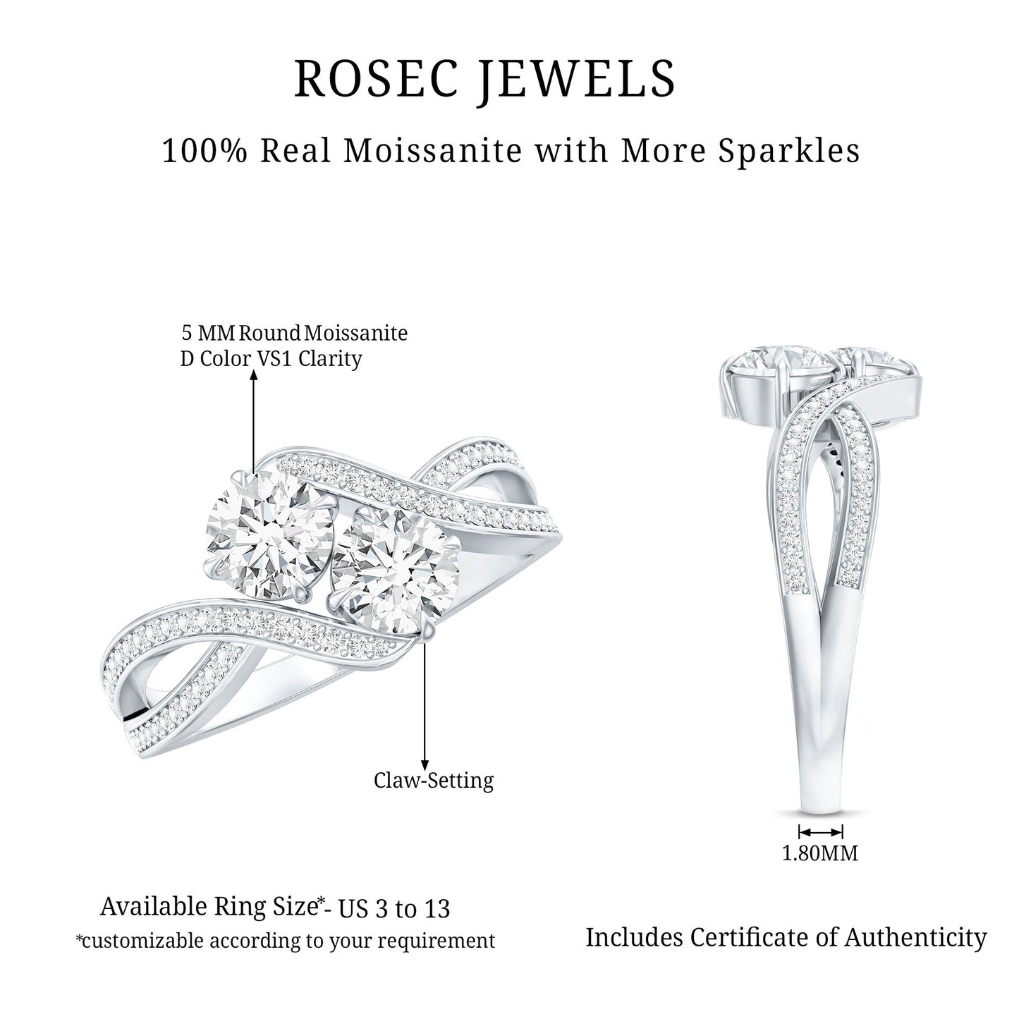 Certified Moissanite Two Stone Engagement Ring in Bypass Band