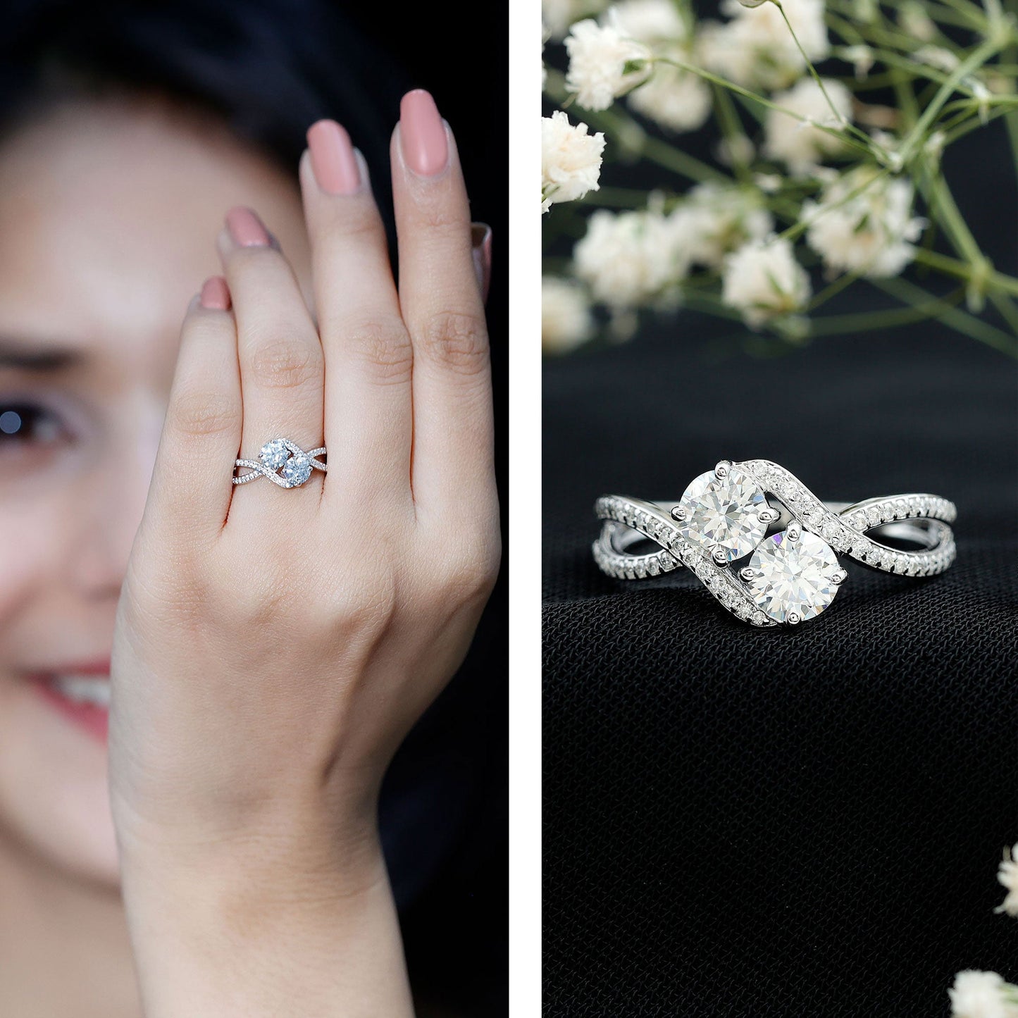 Certified Moissanite Two Stone Engagement Ring in Bypass Band
