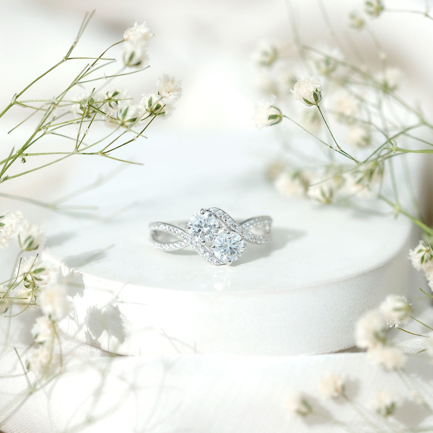 Certified Moissanite Two Stone Engagement Ring in Bypass Band