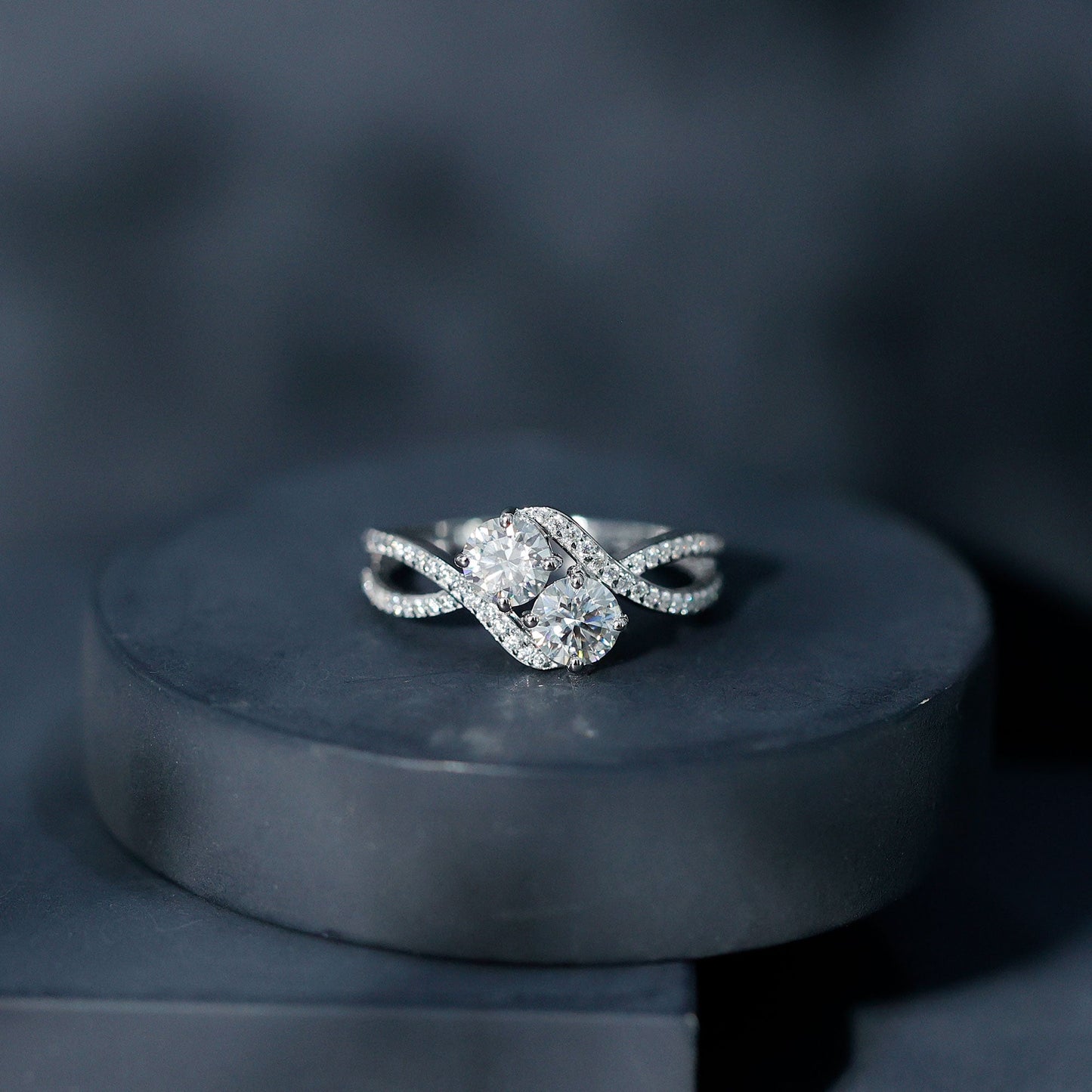 Certified Moissanite Two Stone Engagement Ring in Bypass Band