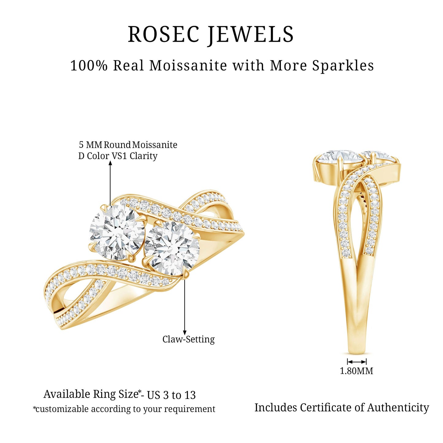 Certified Moissanite Two Stone Engagement Ring in Bypass Band
