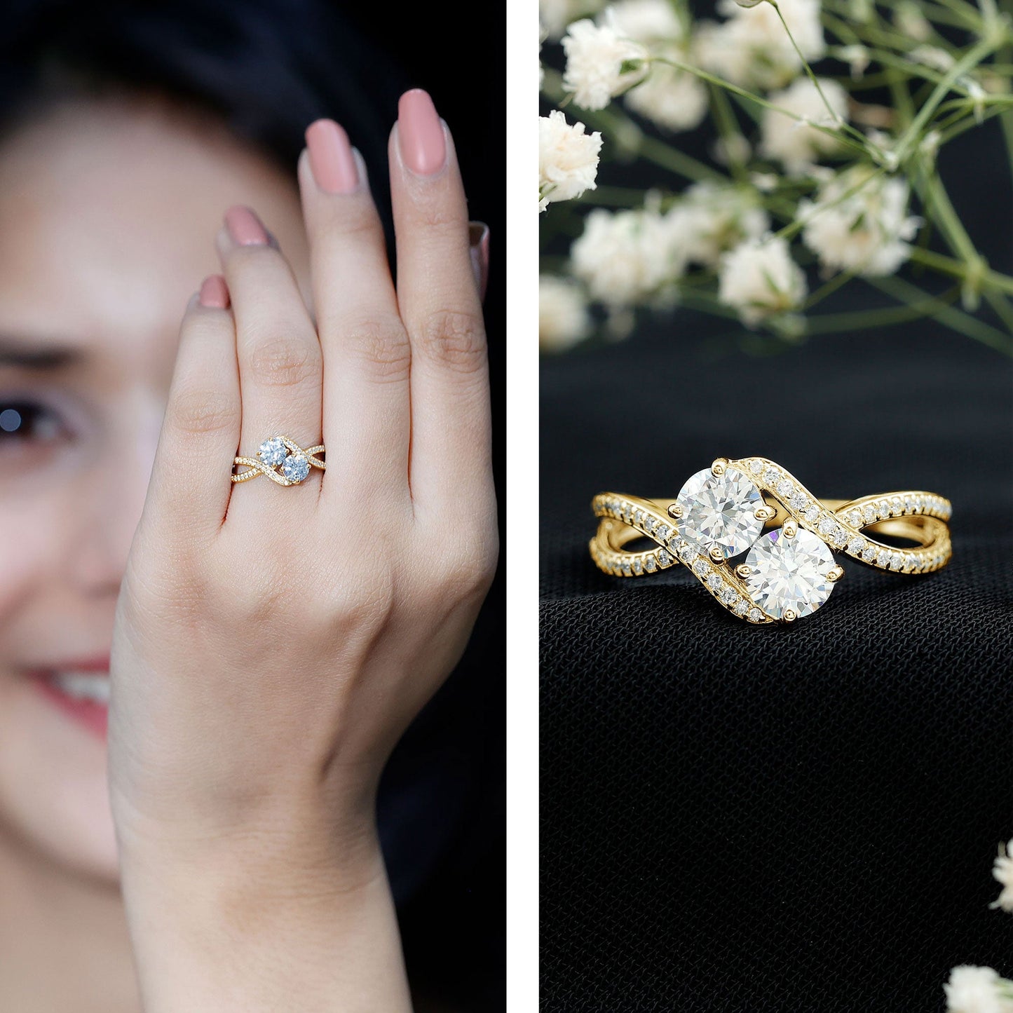 Certified Moissanite Two Stone Engagement Ring in Bypass Band