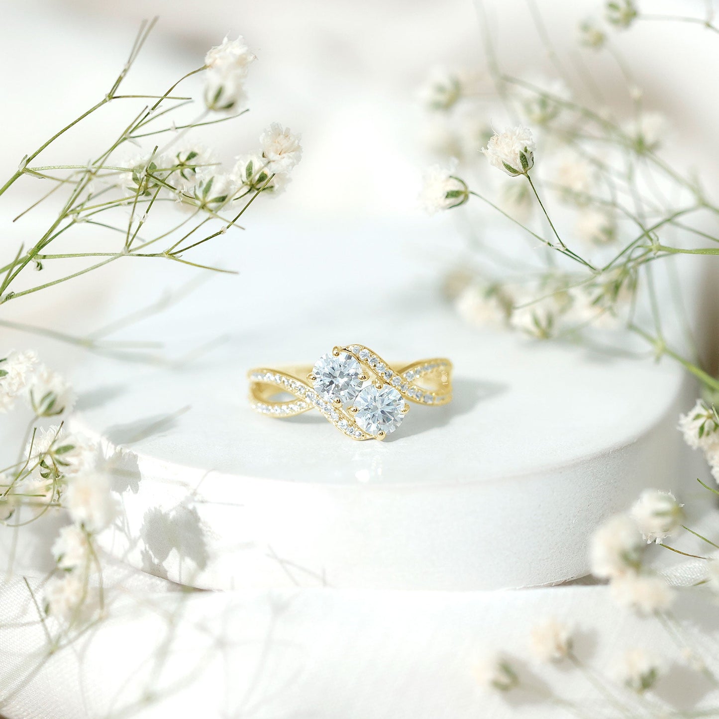 Certified Moissanite Two Stone Engagement Ring in Bypass Band