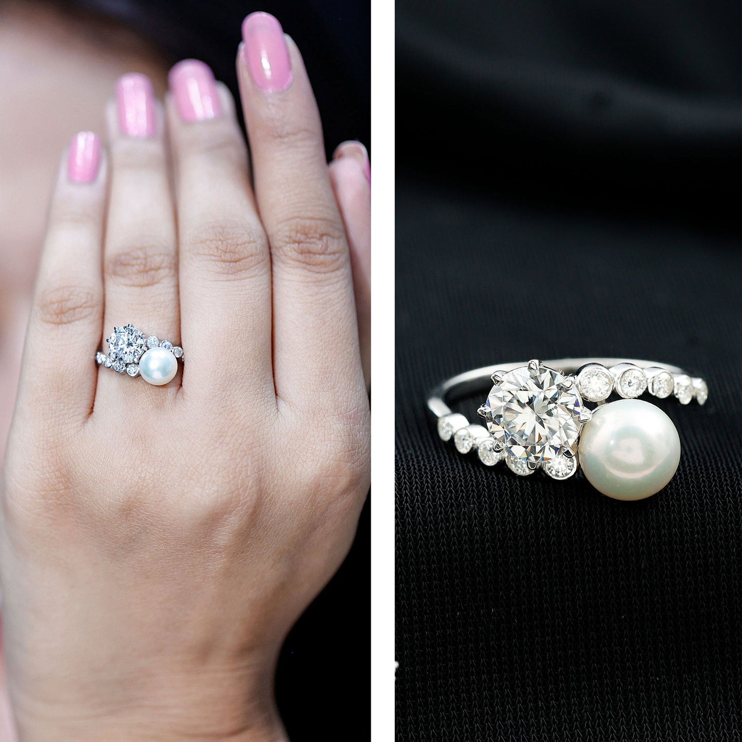 Freshwater Pearl and Moissanite Toi Et Moi Cocktail Ring