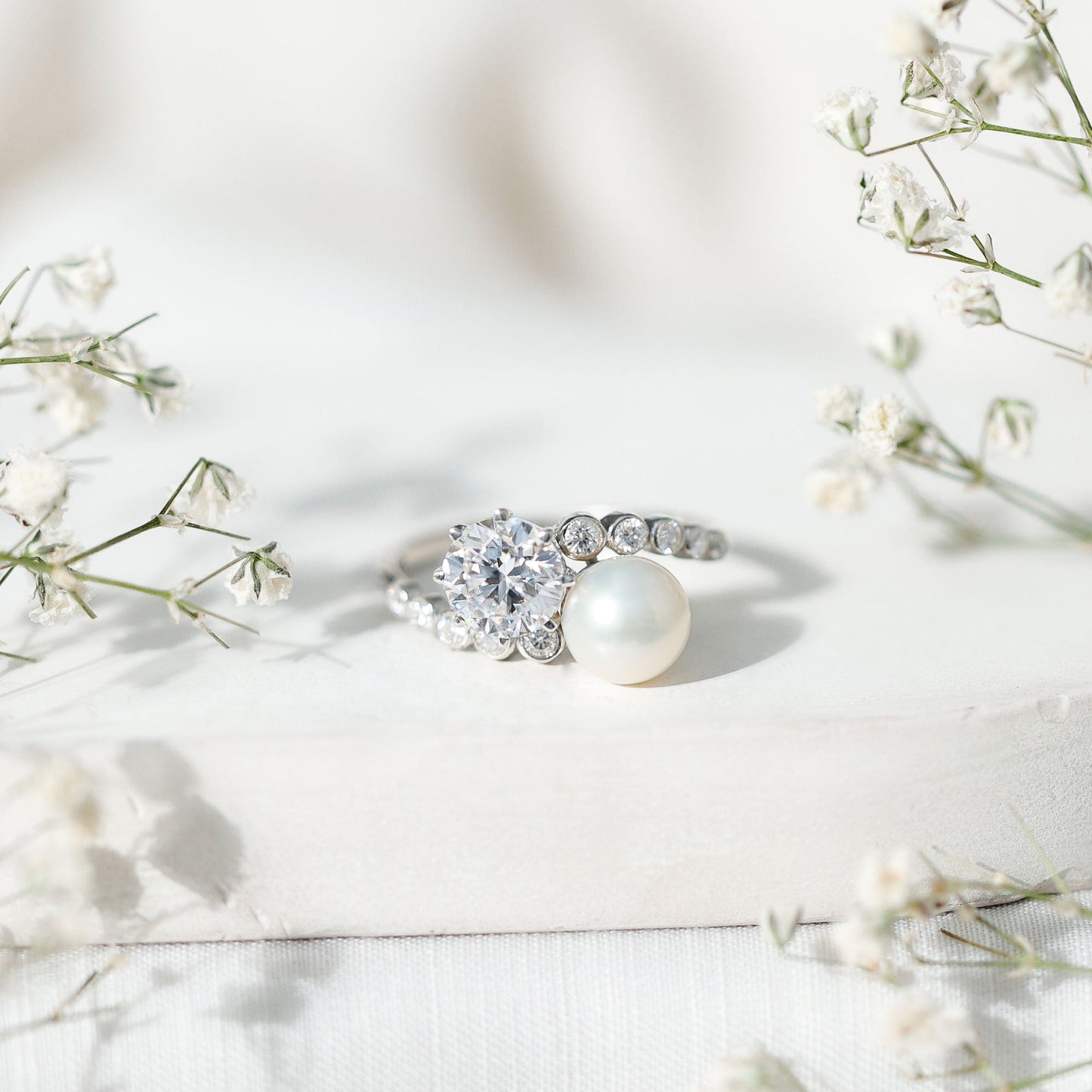 Freshwater Pearl and Moissanite Toi Et Moi Cocktail Ring