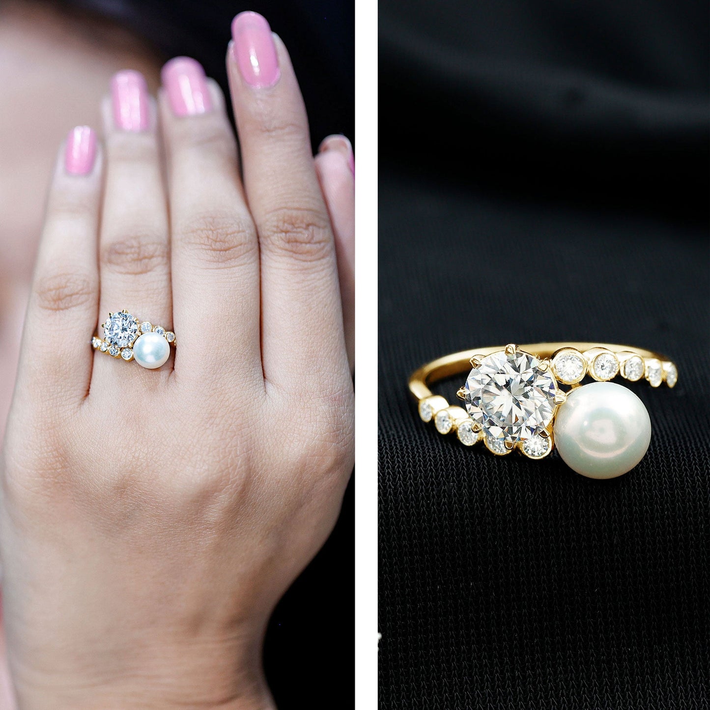 Freshwater Pearl and Moissanite Toi Et Moi Cocktail Ring
