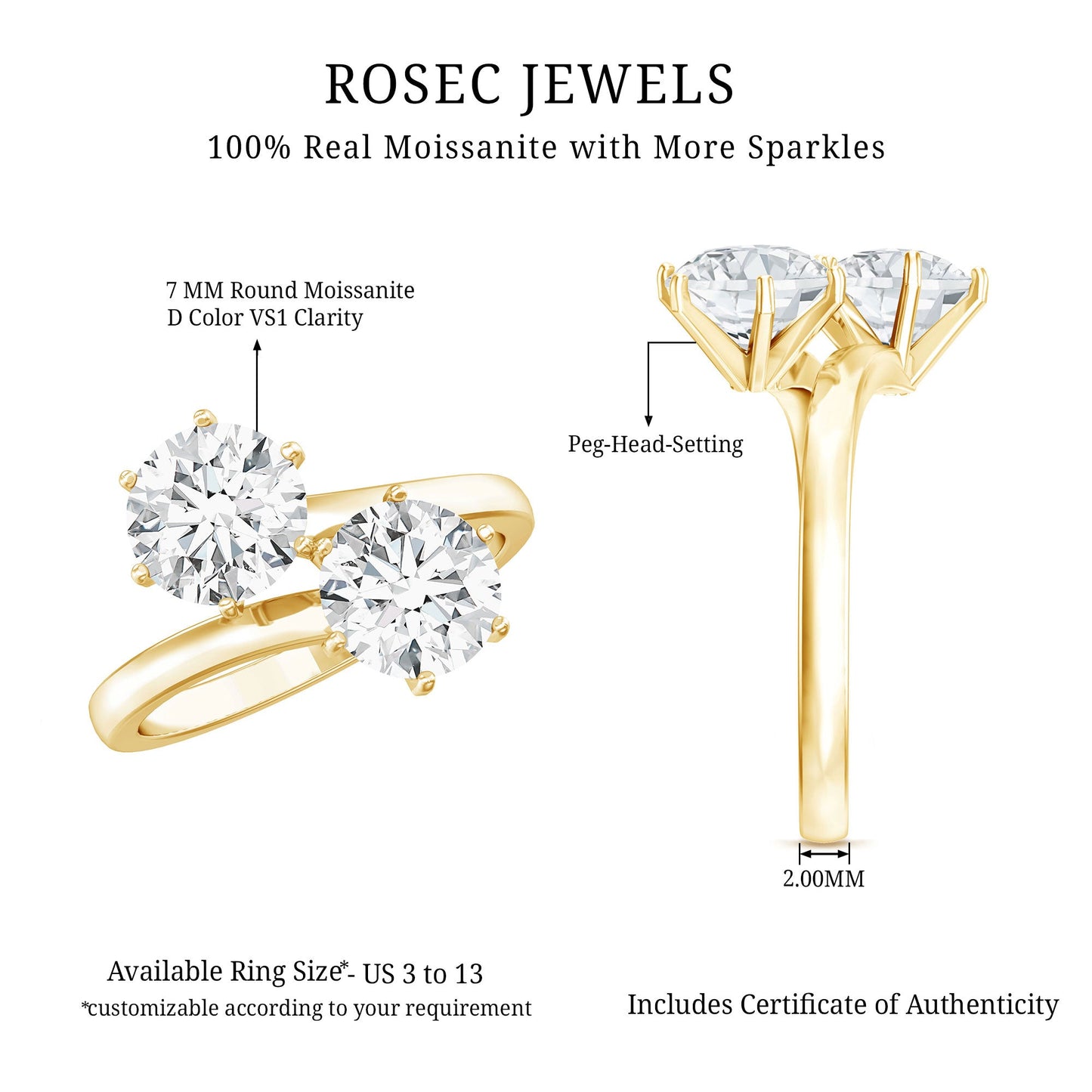7 MM Round Certified Moissanite Toi et Moi Engagement Ring