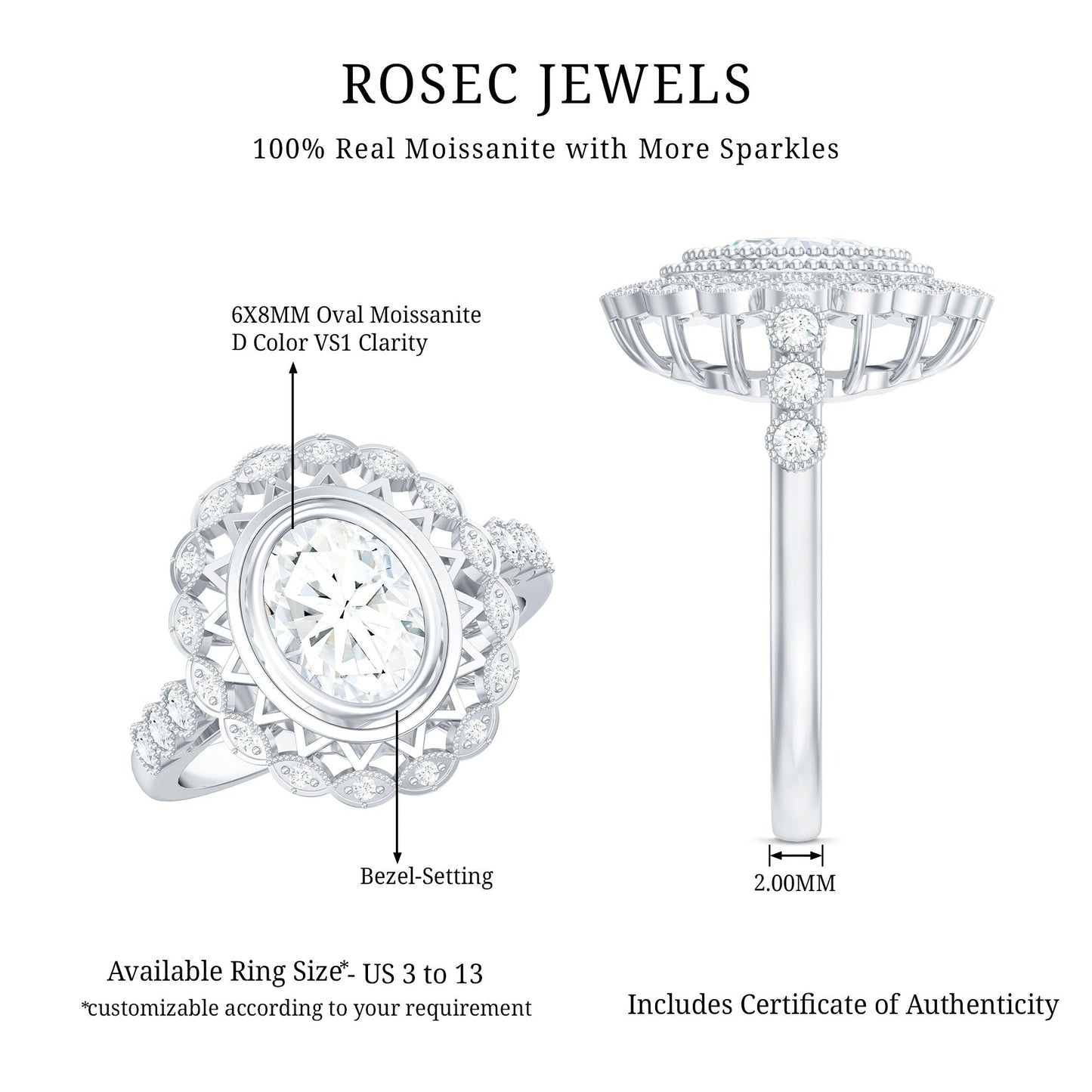 Oval Moissanite Retro Engagement Ring in Beaded Bezel Setting