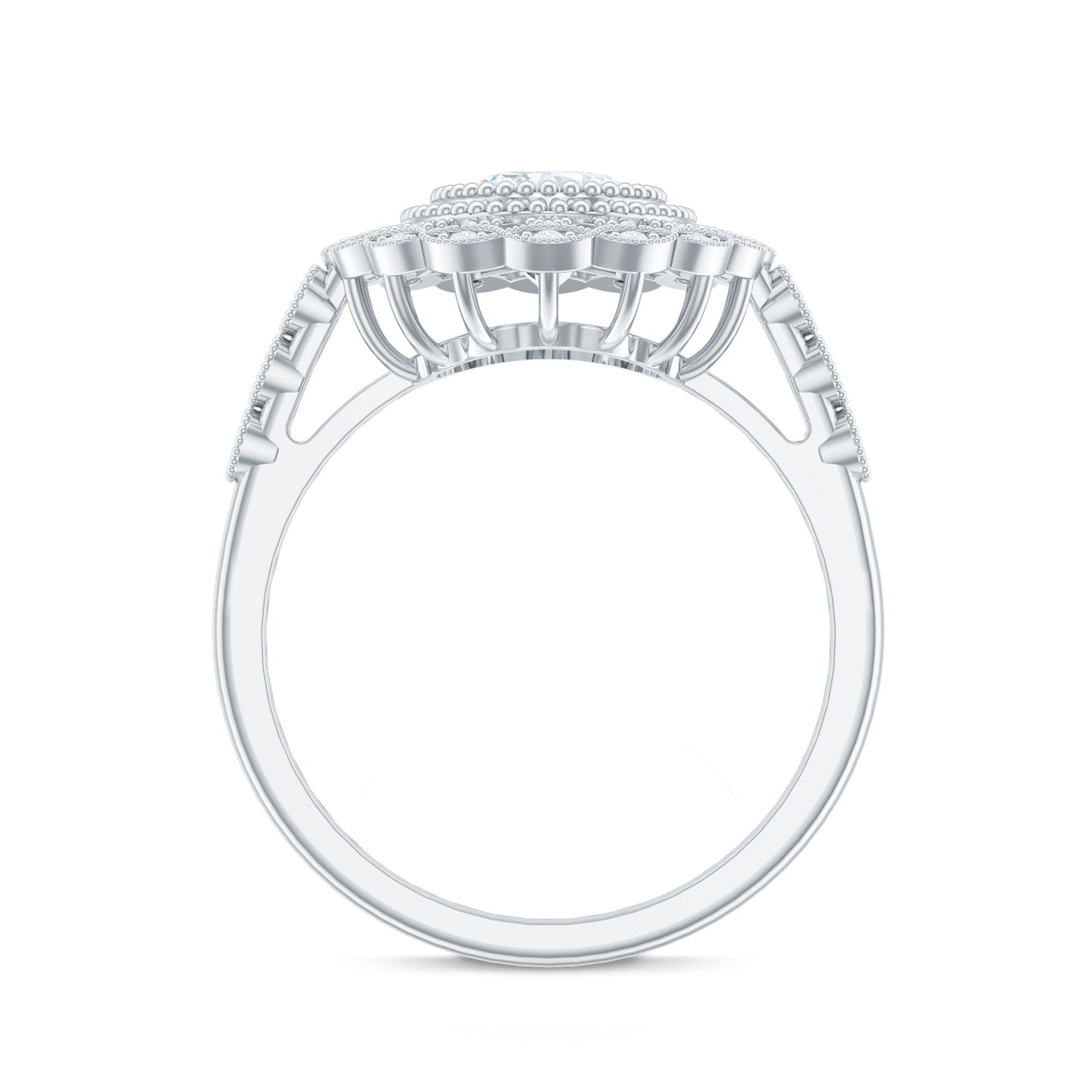 Oval Moissanite Retro Engagement Ring in Beaded Bezel Setting