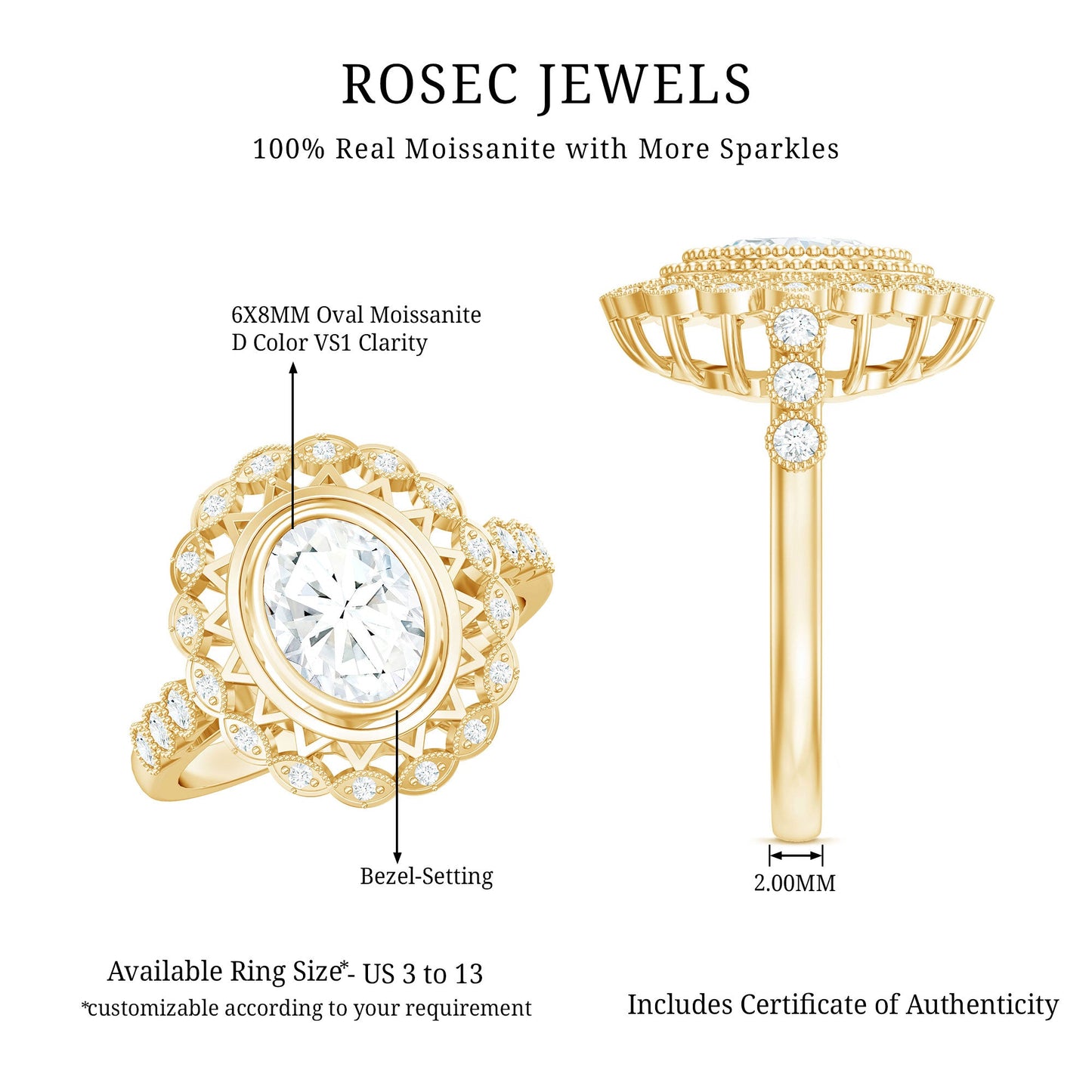 Oval Moissanite Retro Engagement Ring in Beaded Bezel Setting