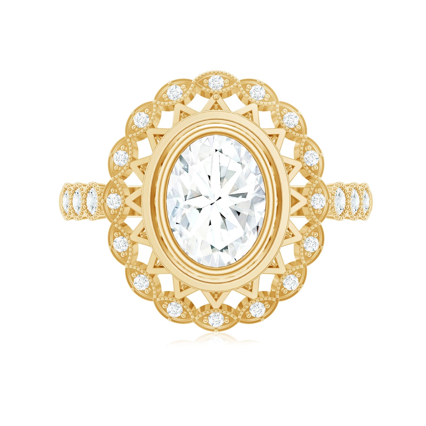 Oval Moissanite Retro Engagement Ring in Beaded Bezel Setting