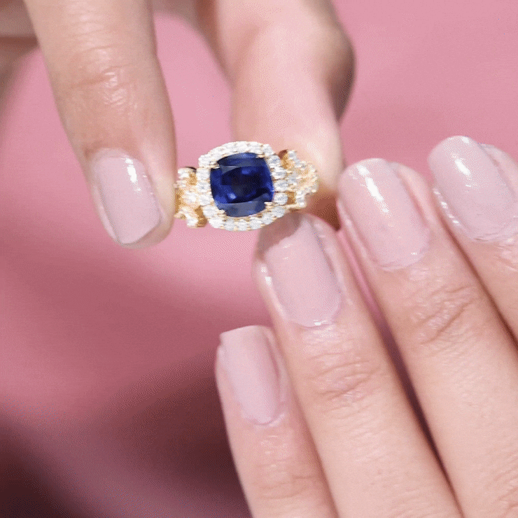 2.7 Carat Cushion Cut Created Blue Sapphire Engagement Ring with Diamond Accent