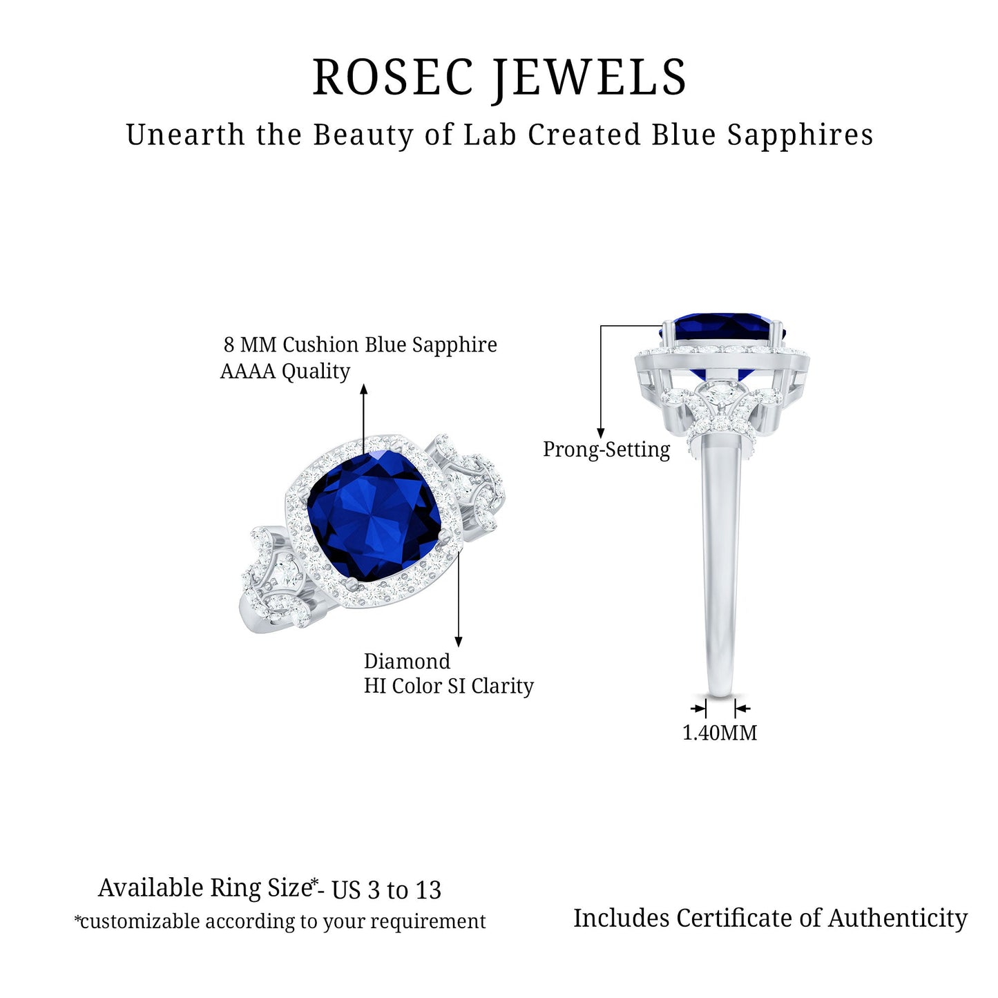 2.7 Carat Cushion Cut Created Blue Sapphire Engagement Ring with Diamond Accent