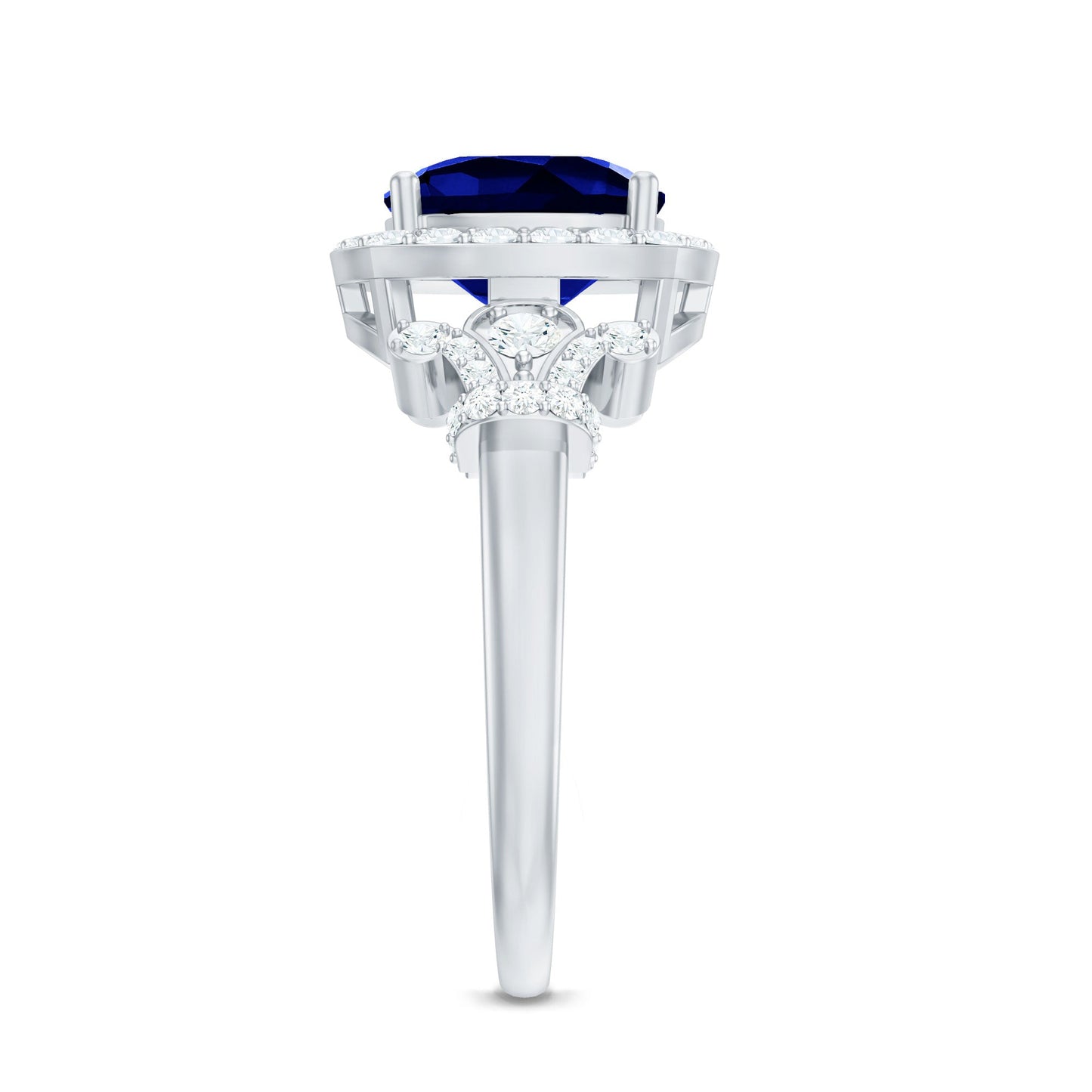 2.7 Carat Cushion Cut Created Blue Sapphire Engagement Ring with Diamond Accent