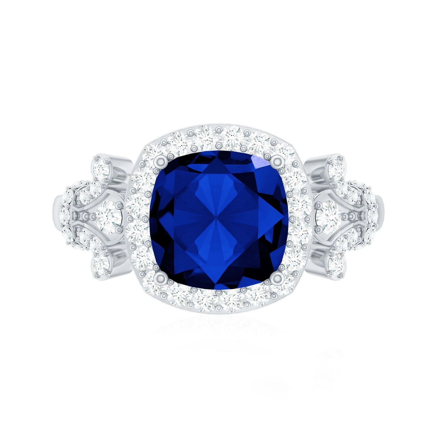 2.7 Carat Cushion Cut Created Blue Sapphire Engagement Ring with Diamond Accent