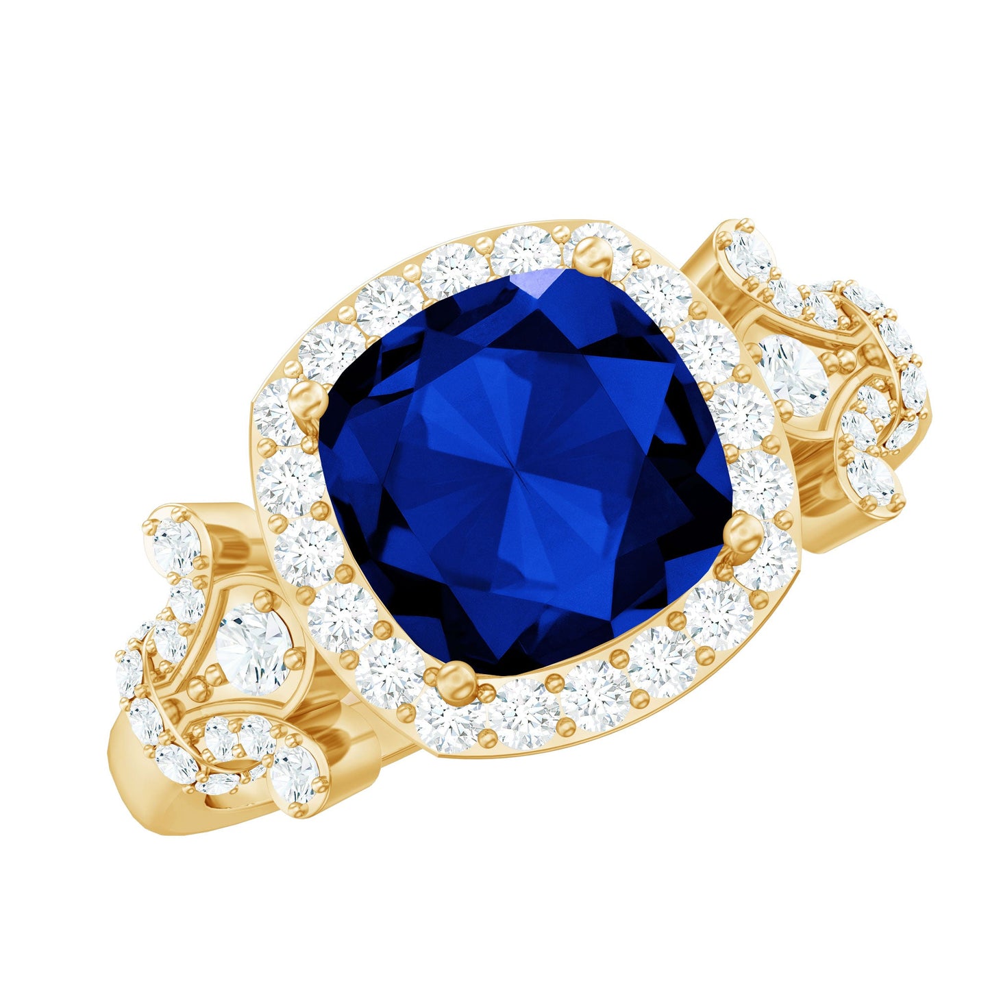 2.7 Carat Cushion Cut Created Blue Sapphire Engagement Ring with Diamond Accent