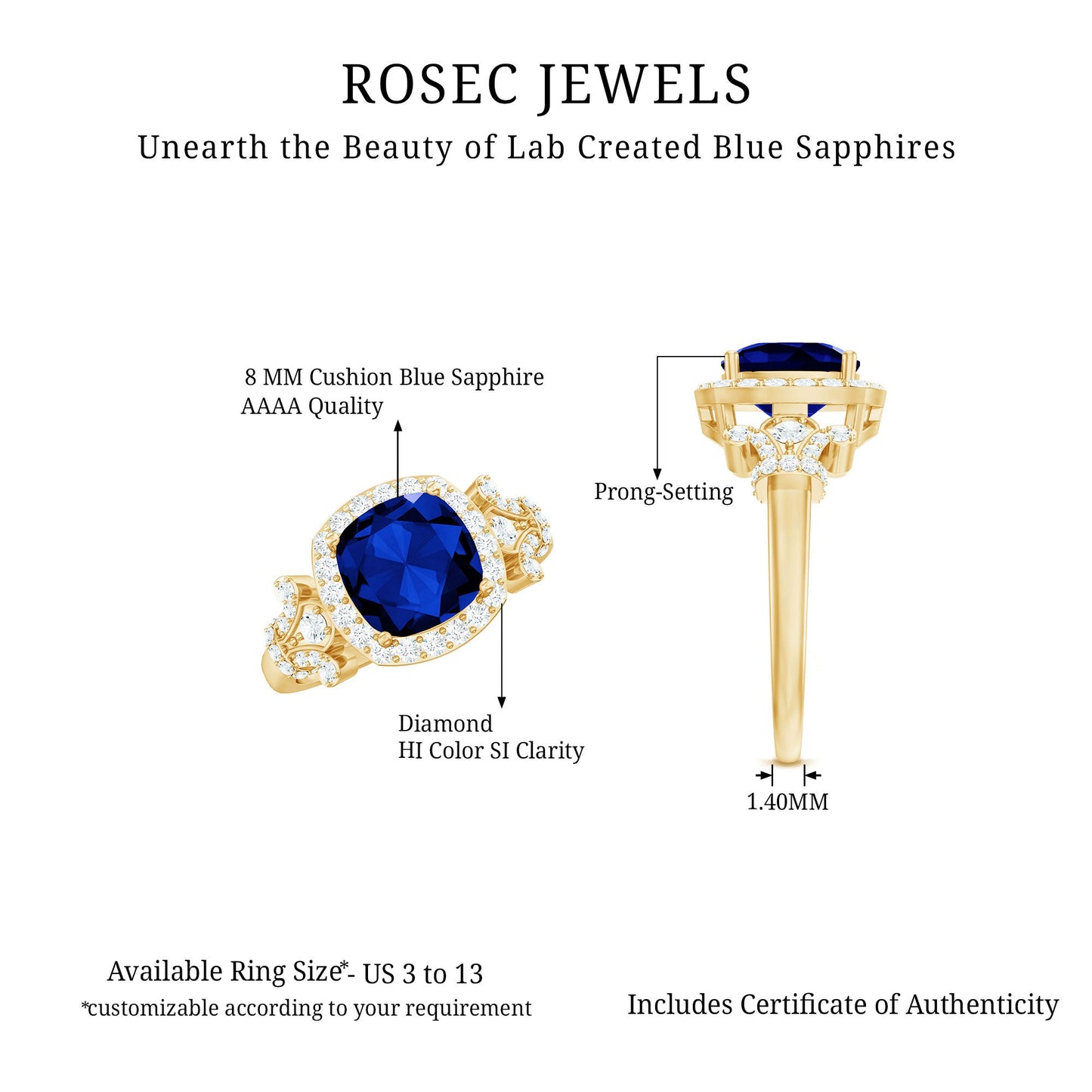 2.7 Carat Cushion Cut Created Blue Sapphire Engagement Ring with Diamond Accent