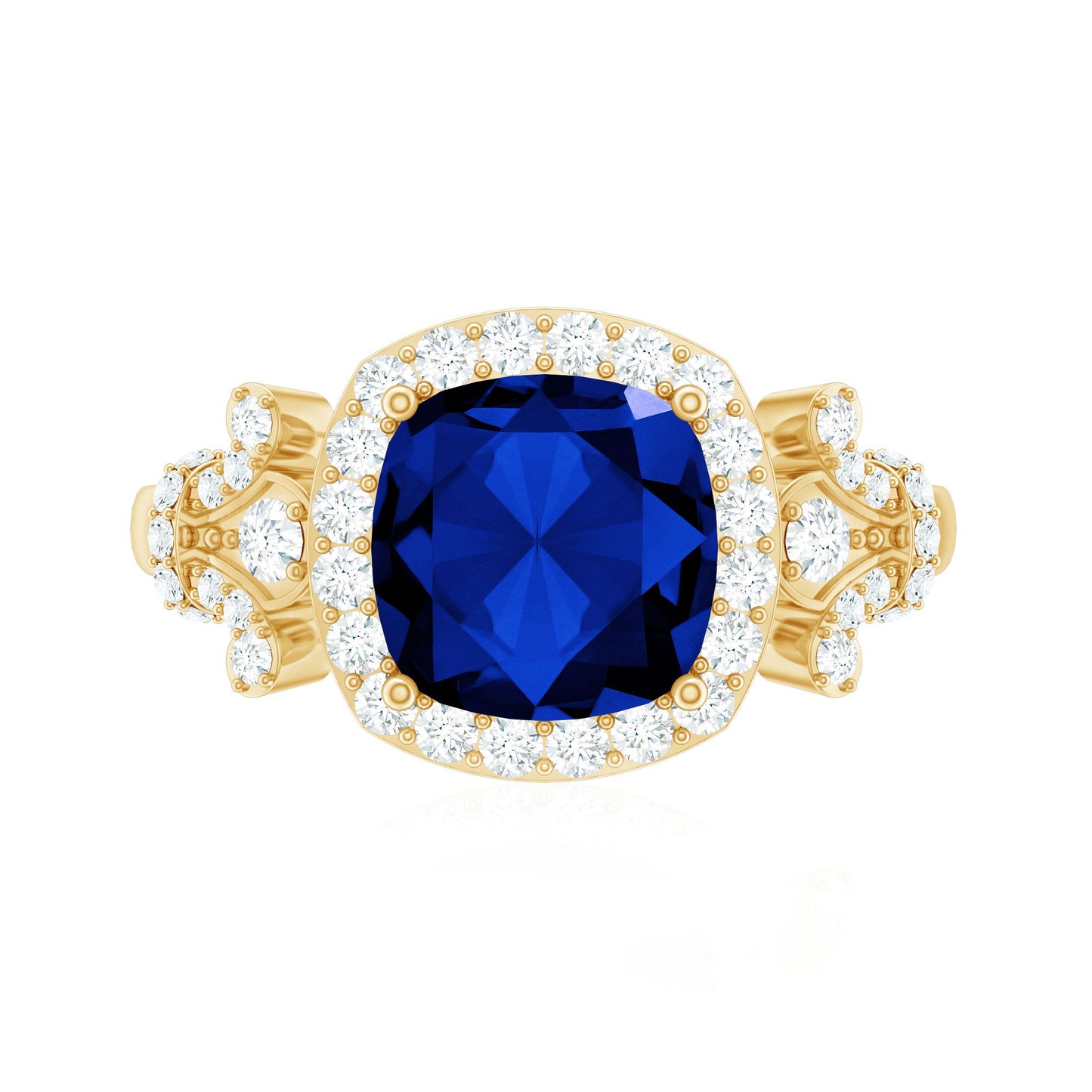 2.7 Carat Cushion Cut Created Blue Sapphire Engagement Ring with Diamond Accent