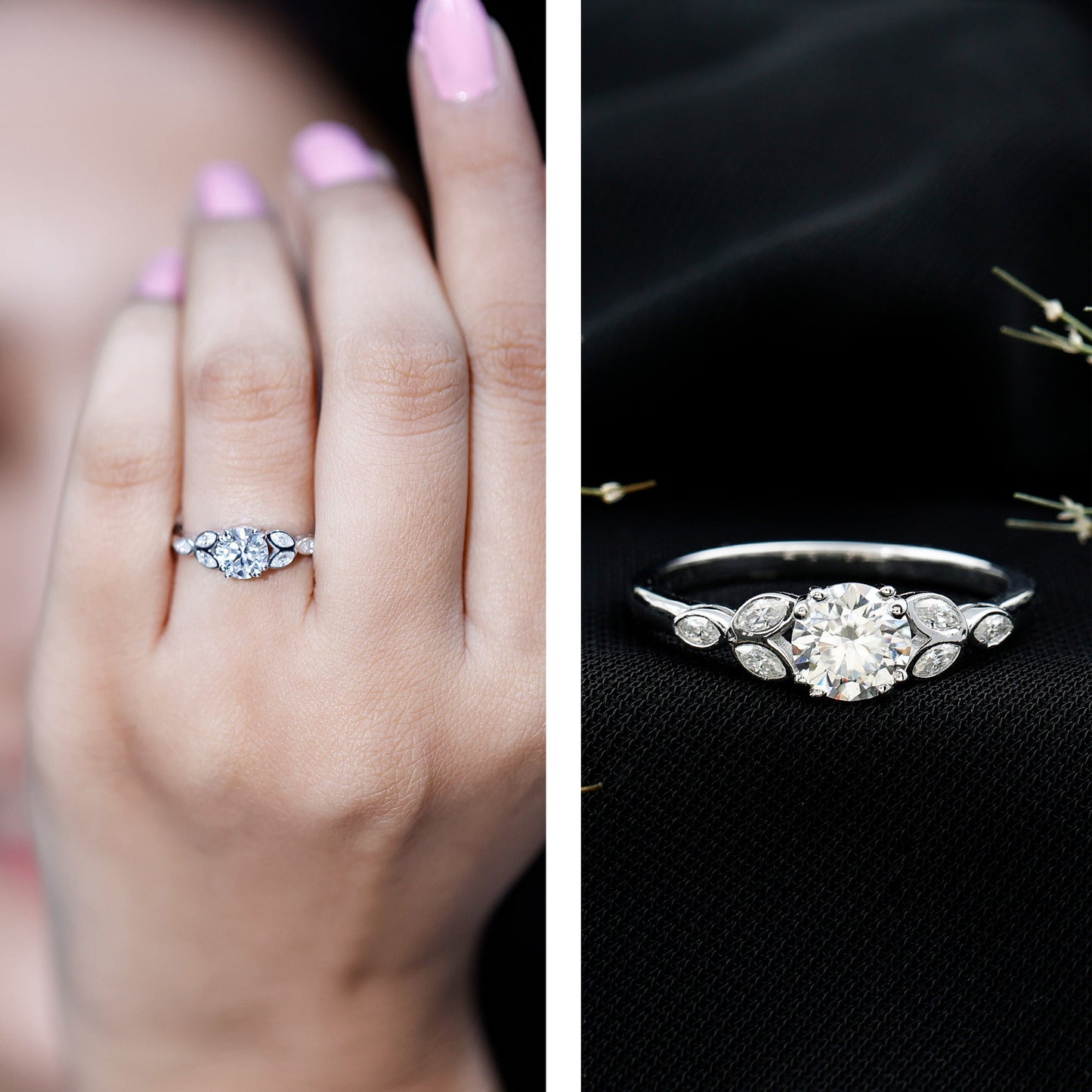 Certified Moissanite Solitaire Engagement Ring with Trio