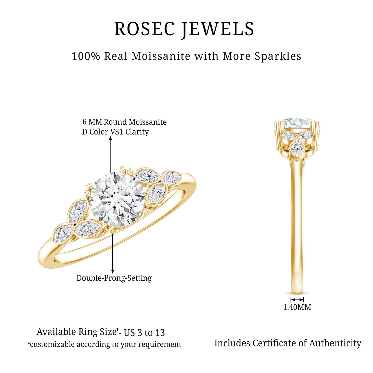 Certified Moissanite Solitaire Engagement Ring with Trio