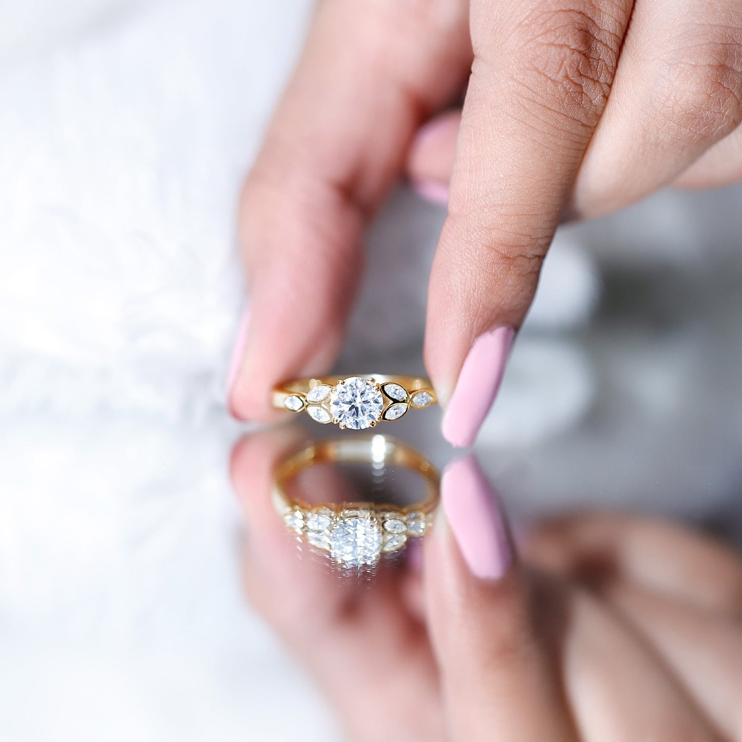 Certified Moissanite Solitaire Engagement Ring with Trio
