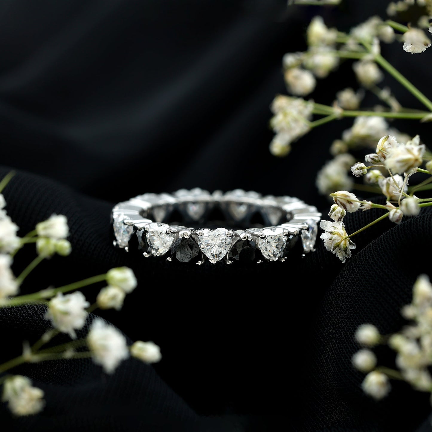Heart Shape Lab Grown Black Diamond Eternity Band With Moissanite