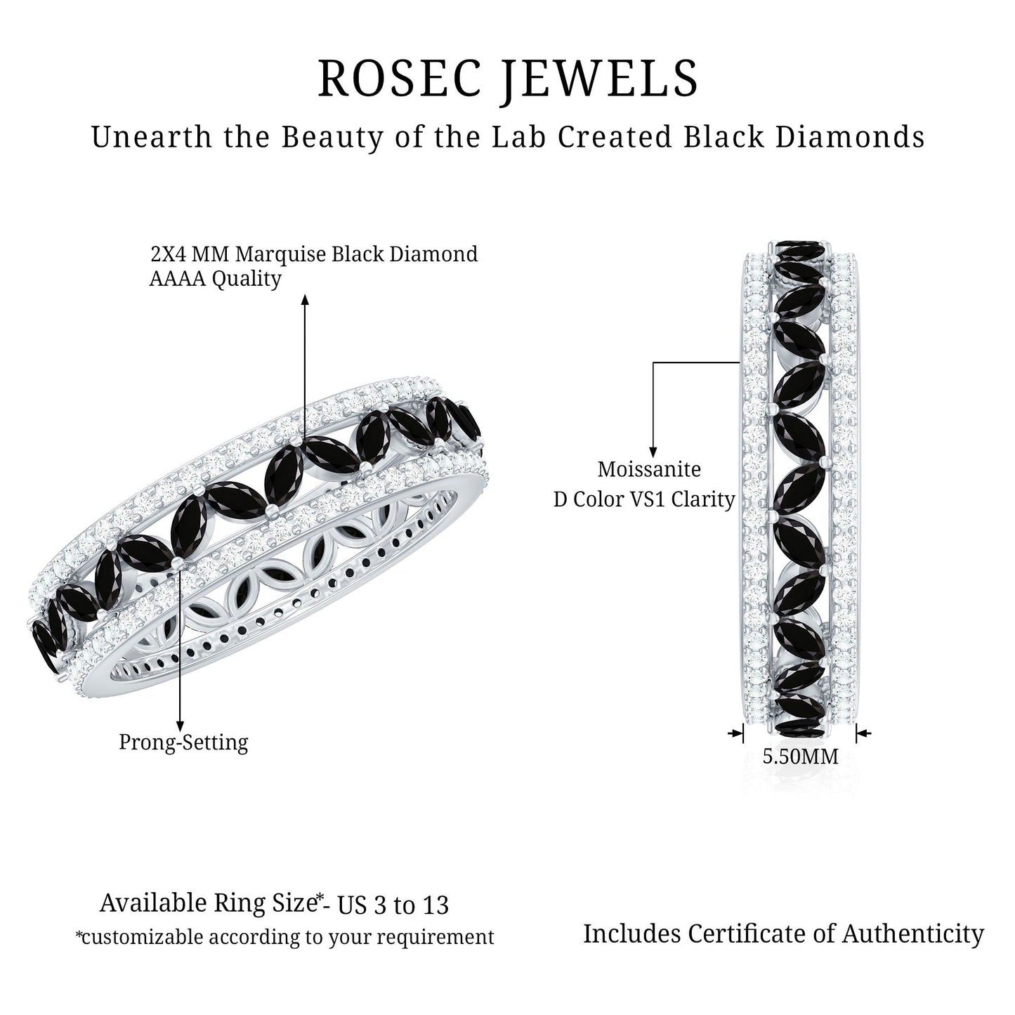 Certified Lab Grown Black Diamond Wedding Band Ring with Moissanite