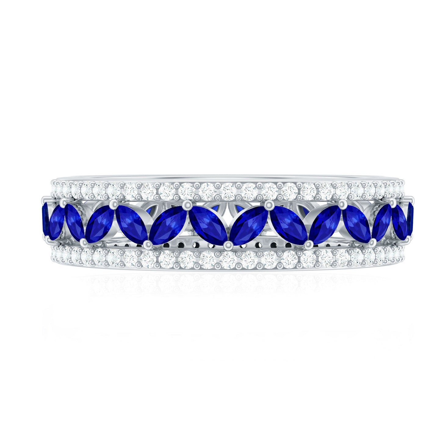 Marquise Lab Created Blue Sapphire and Diamond Wedding Band Ring