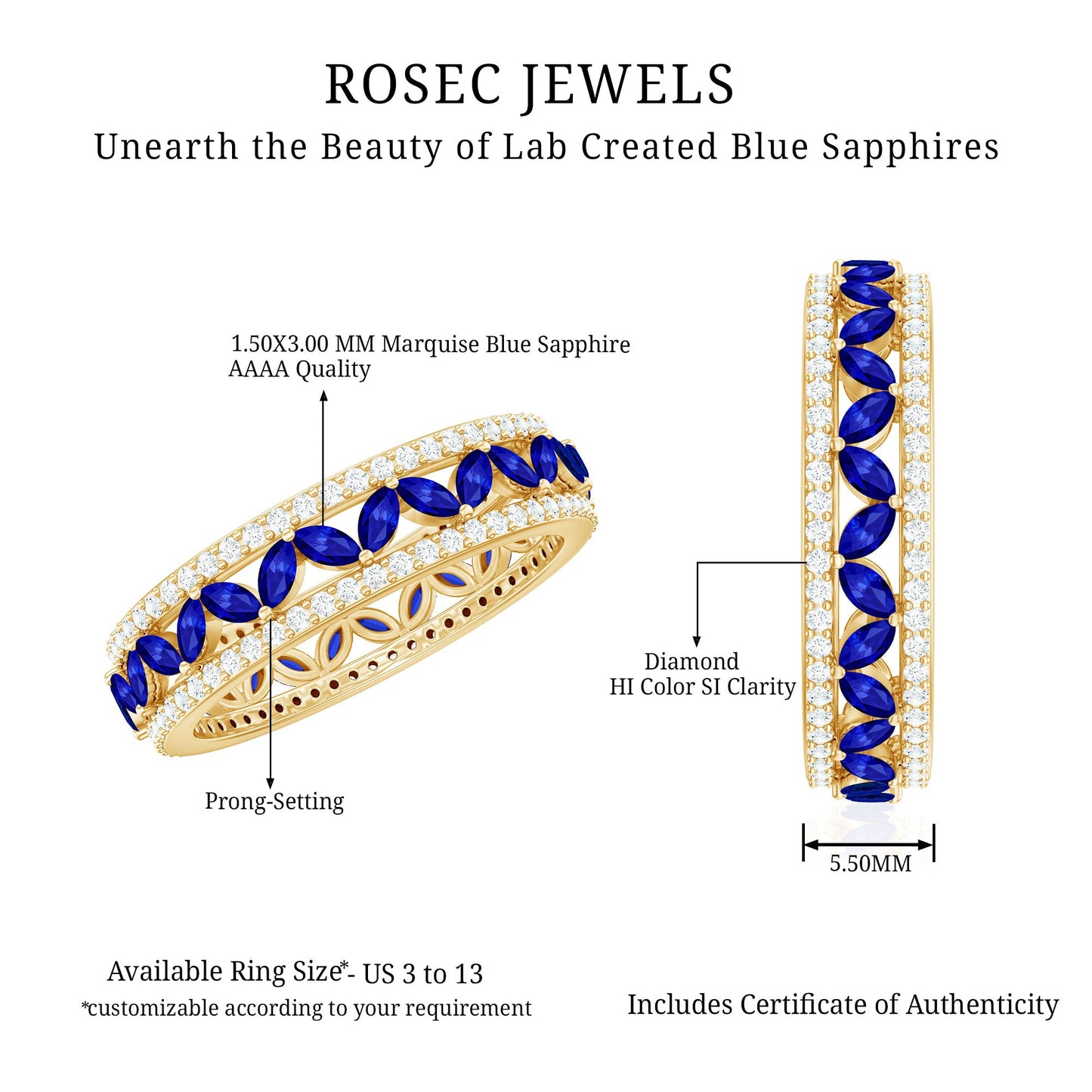 Marquise Lab Created Blue Sapphire and Diamond Wedding Band Ring