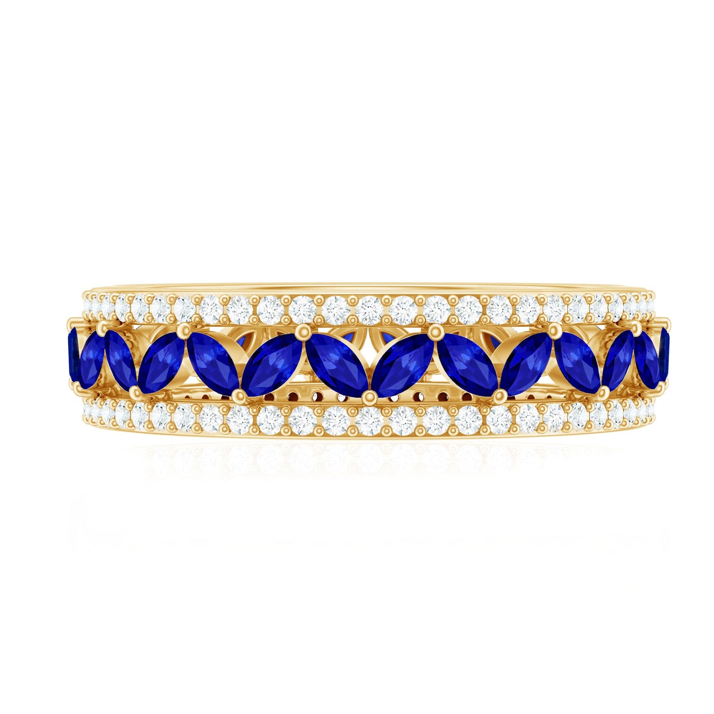 Marquise Lab Created Blue Sapphire and Diamond Wedding Band Ring