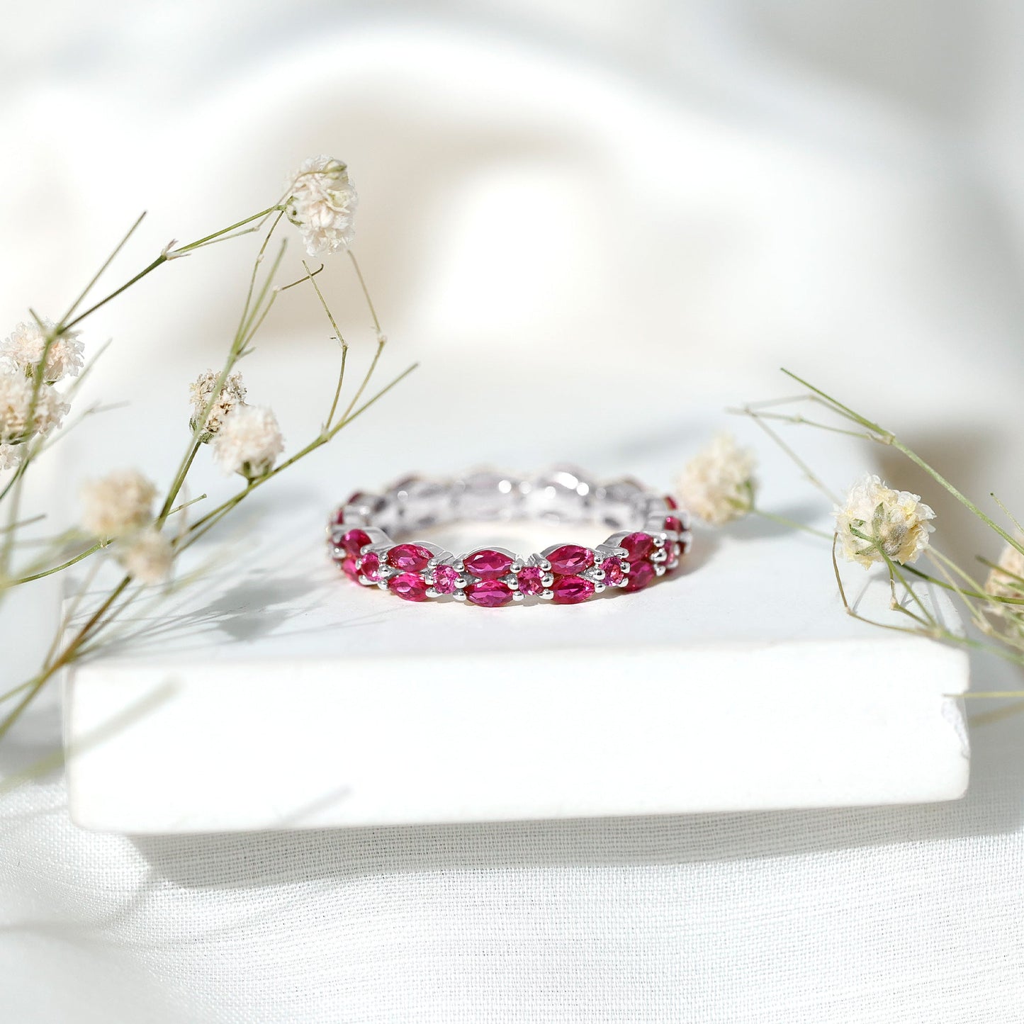 Marquise and Round Cut Created Ruby Contemporary Eternity Ring