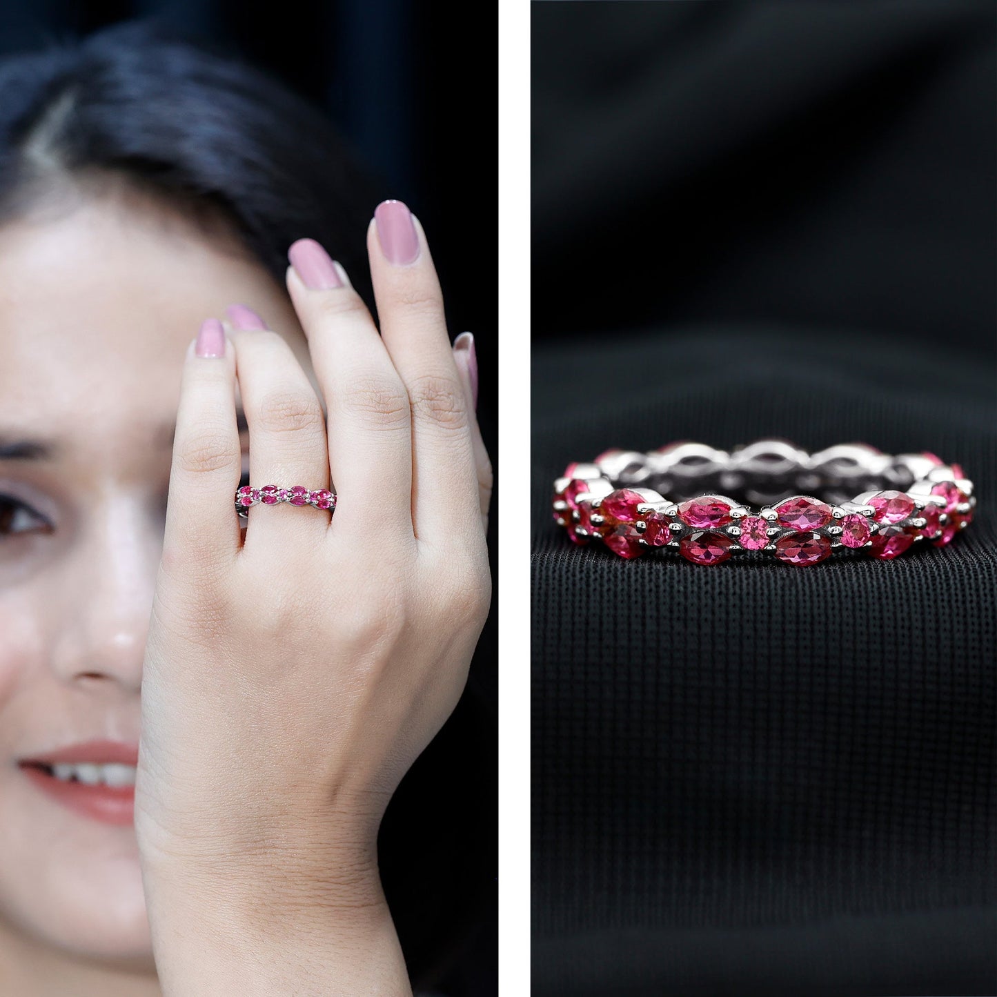 Marquise and Round Cut Created Ruby Contemporary Eternity Ring