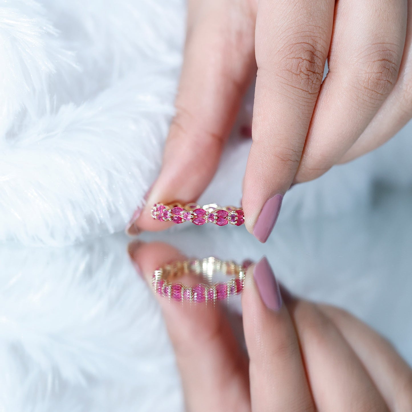Marquise and Round Cut Created Ruby Contemporary Eternity Ring