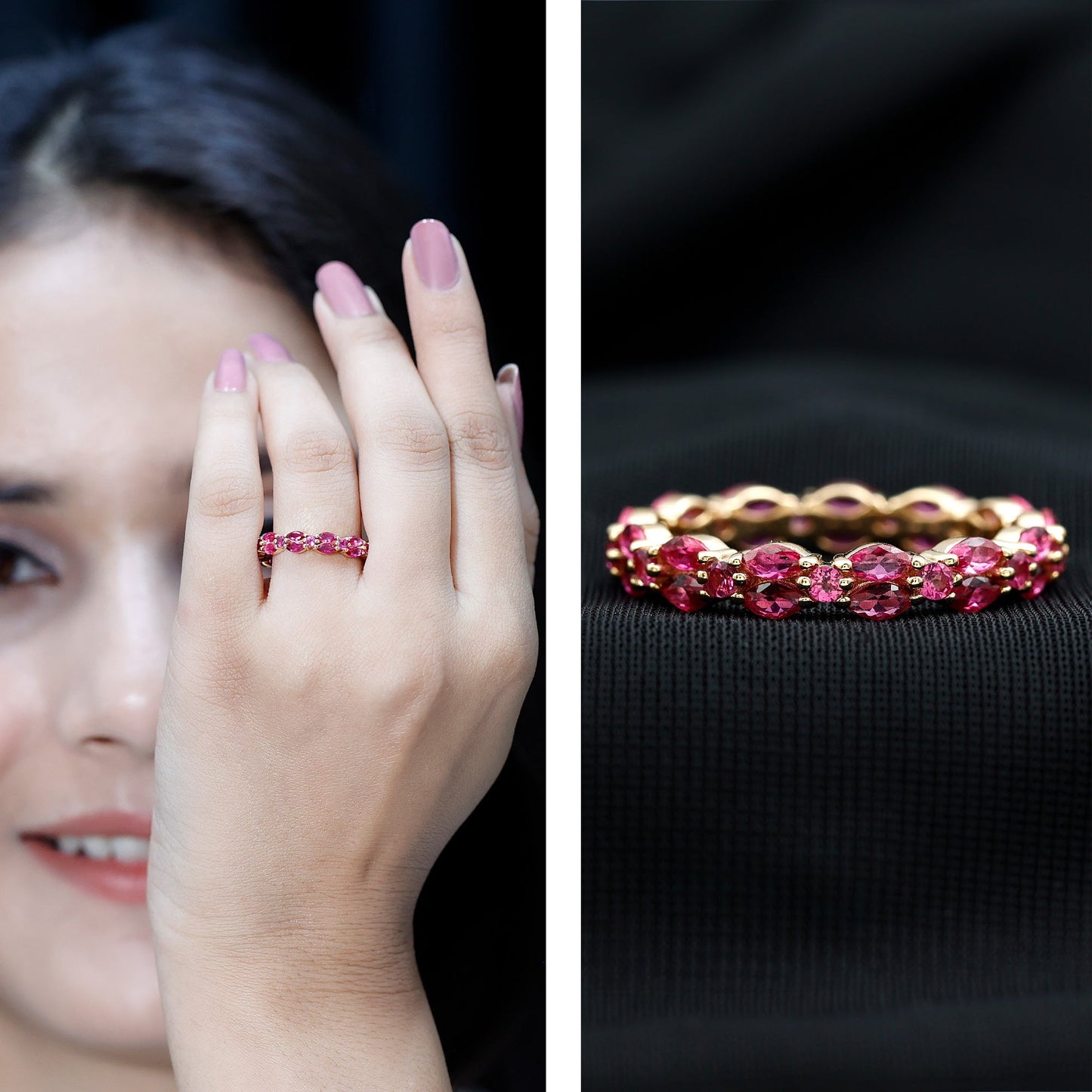 Marquise and Round Cut Created Ruby Contemporary Eternity Ring